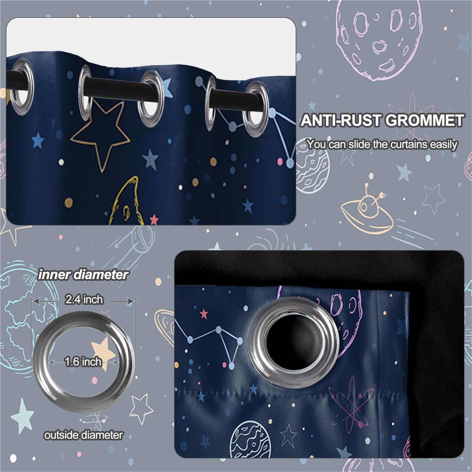 Cortinas de blackout marino con temática de estrellas y planetas de dibujos animados para habitación infantil, cortinas espaciales con ojales para dormitorio, decoración de habitación de