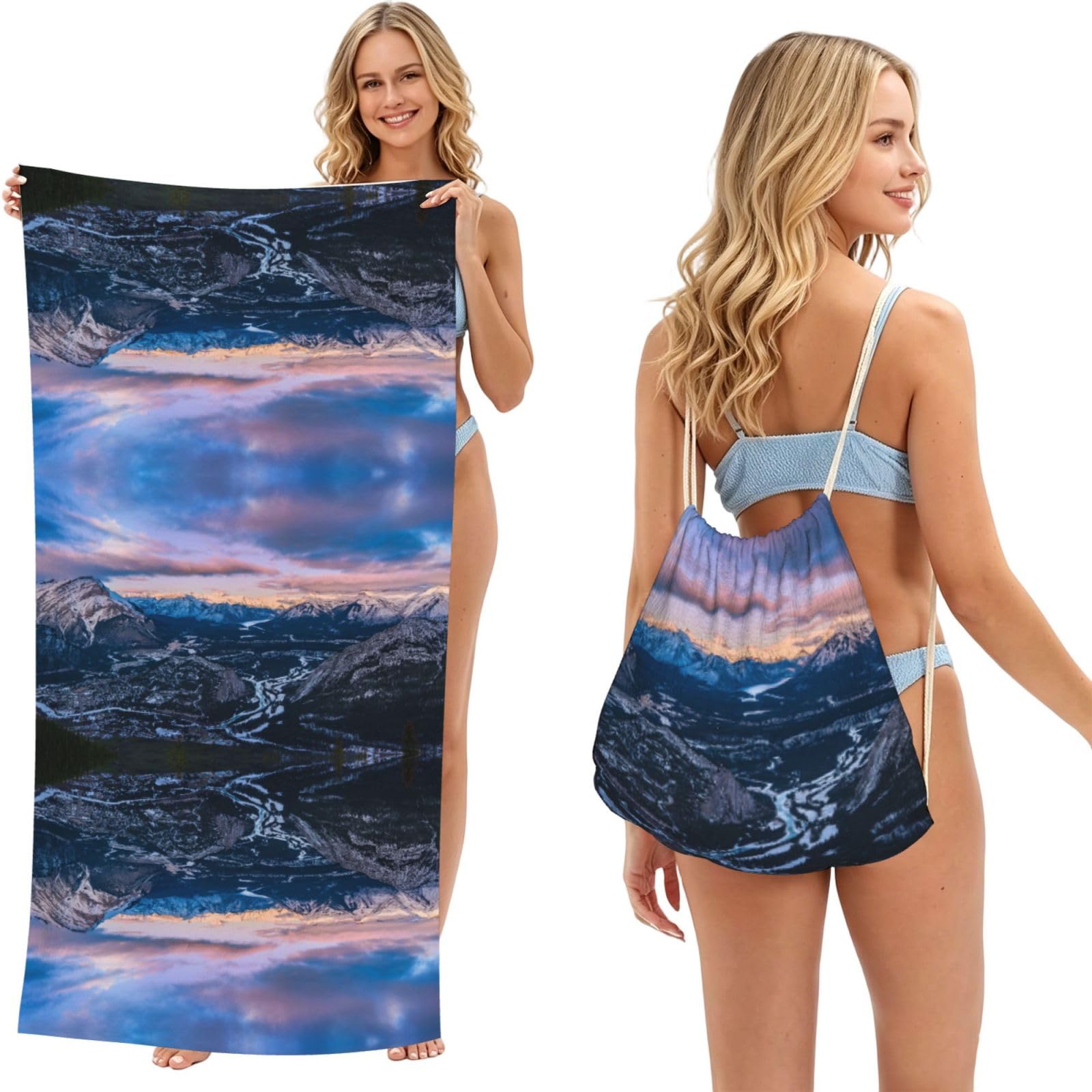 SATUSA Sunset Print 2-In-1 Foldable Beach Towel Backpack â€“ Camping, Yoga And Travel,Bath Towel With Built-In Storage, Convertible Beach Mat & Carry Bag