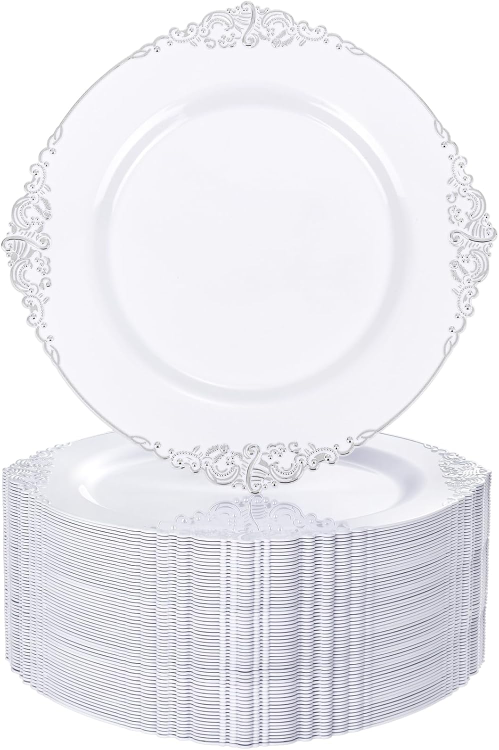 Nervure 100Pcs White and Silver Plastic Plates - 7.5 inch White Plastic Plates with Silver Rim - Disposable Dessert Plate for Wedding & Party