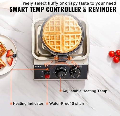 Miniatura 3 de VEVOR Máquina de gofres comercial, plancha redonda de gofres de 1300 W, máquina para hacer gofres giratoria antiadherente con rango de temperatura