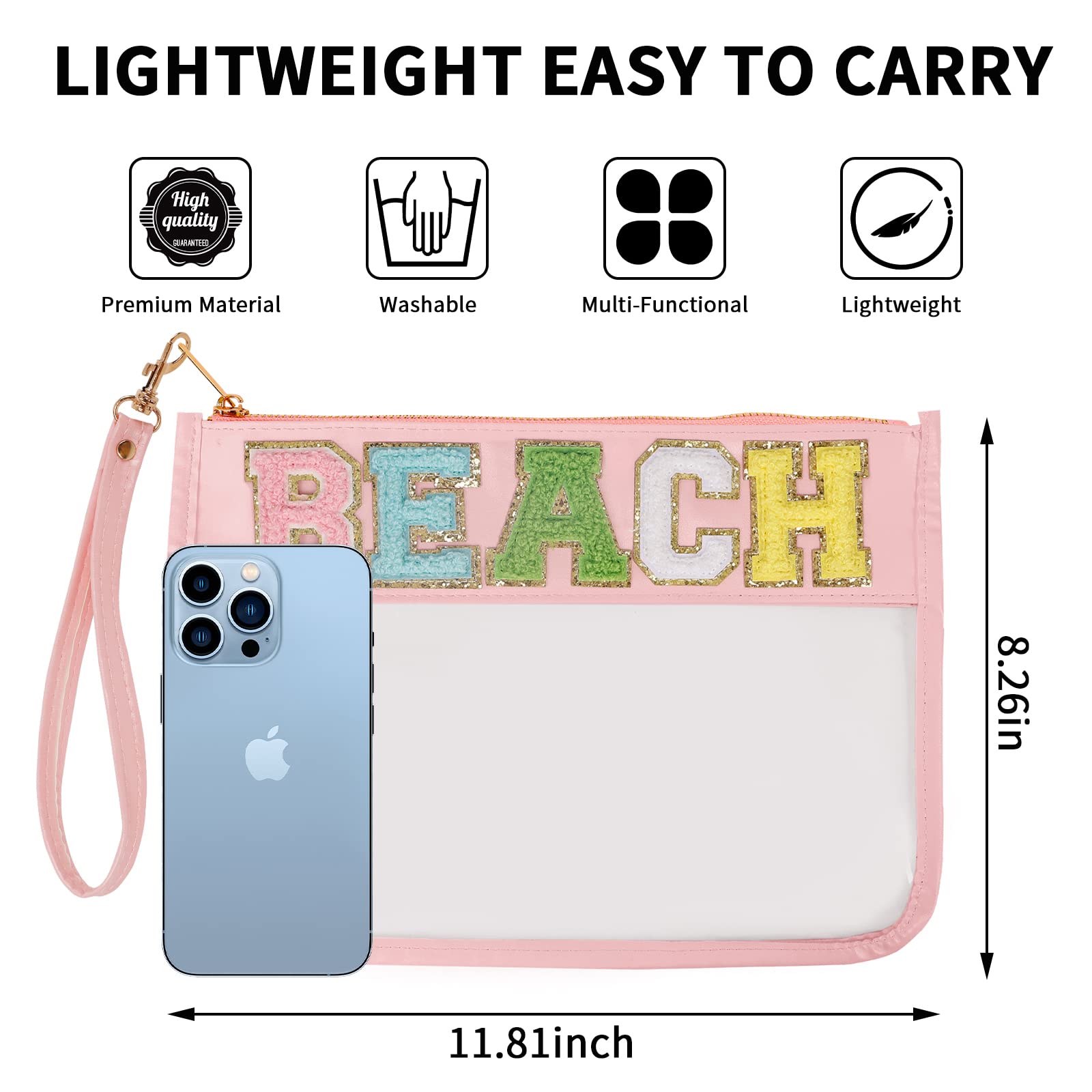 Iqimott Monogram Letter Clear Bag Purse, Chenille Glitter Letter Makeup Cosmetic Bag Patch Zipper Toiletry Pouch, Portable Travel Beach Snack Wristlet Bag for Women Girls(Beach, Pink)