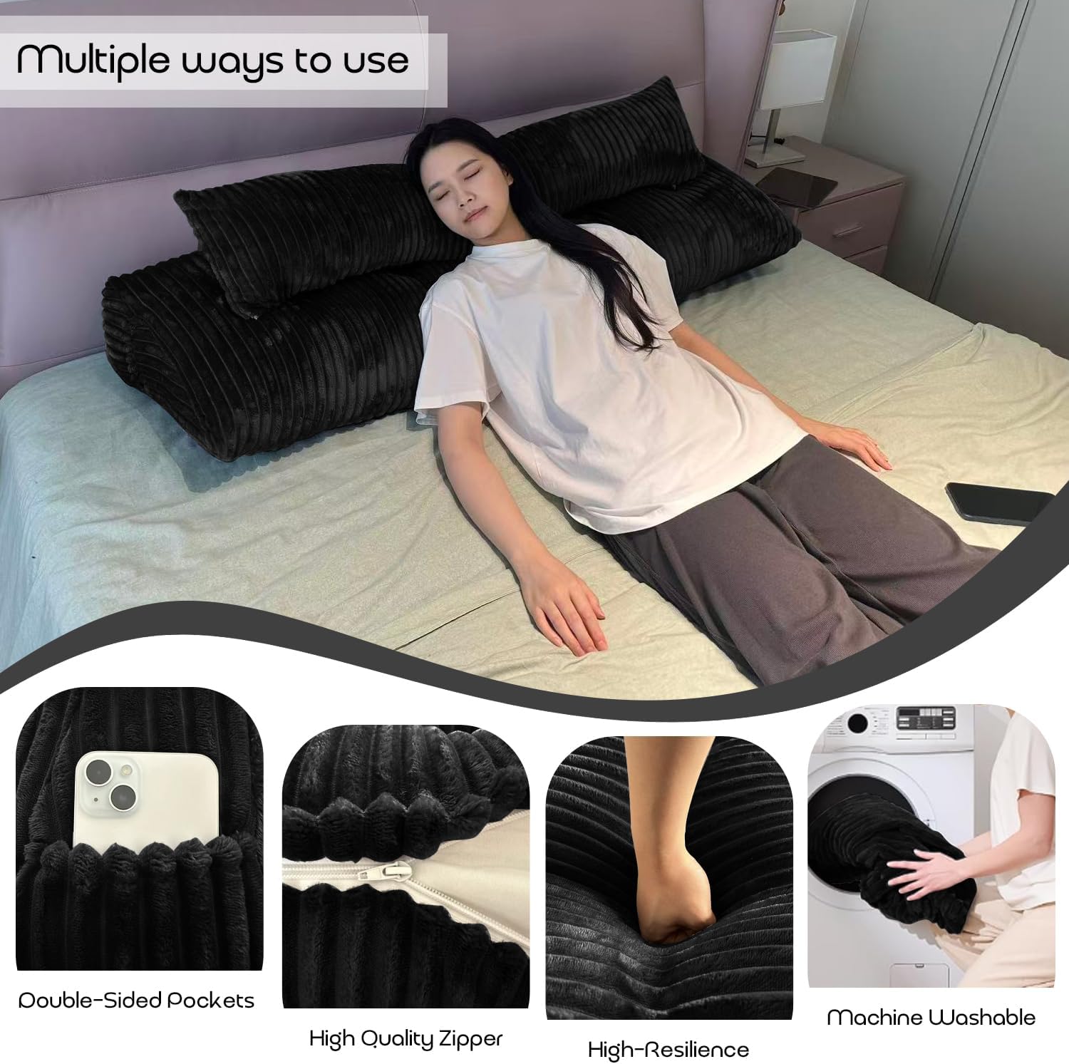 Headboard Pillow Twin, Headboard Wedge Pillow with A Long Neck Roll Pillow Body Pillow, Triangle Pillow Wedge for Reading, Working, Bed Wedge Pillow for Headboard (Black, Twin)