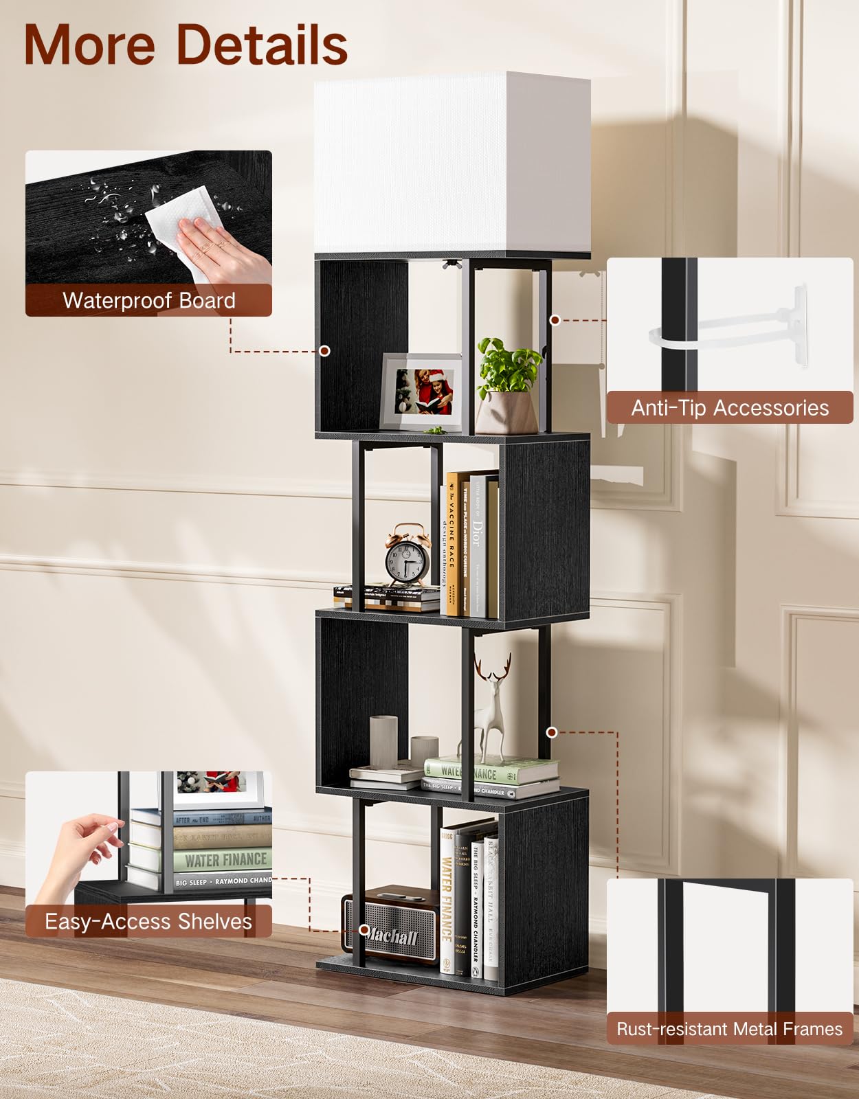 S-förmiges Bücherregal mit Lampe, 5 Ebenen, Dimmbar mit 3 Farbtemperaturen, Modernes Design mit Ablagen und Fernbedienung für Wohnzimmer, Schlafzimmer und Büro