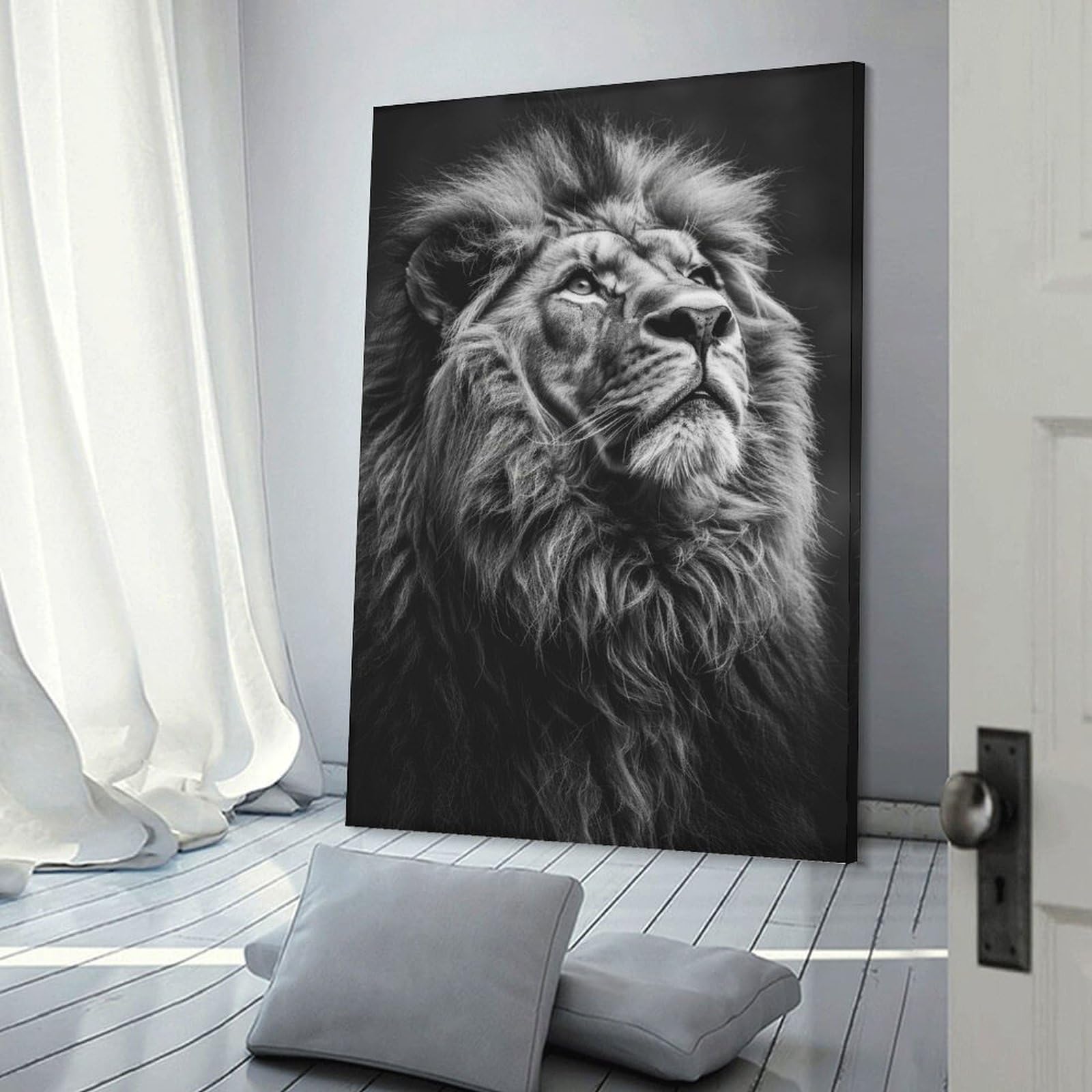 Junmoney Black And White Lion Photo Canvas Wall Decor, 12x18inch(30x45cm), for Gallery Wall Decor And Room Displays, Wall Decor Suited to Curated Displays