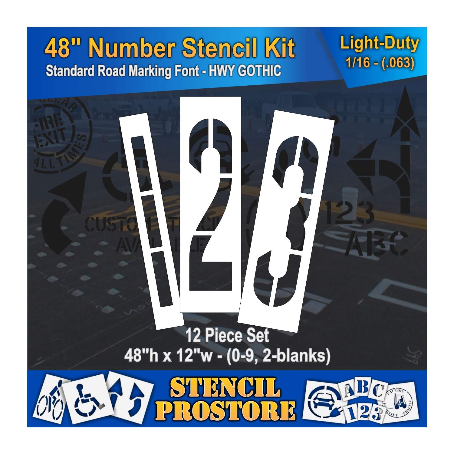 Pavement Stencils - 48 inch - Number KIT Stencil Set - (12 Piece) - 48" x 12" x 1/16" (63 mil) - Light-Duty