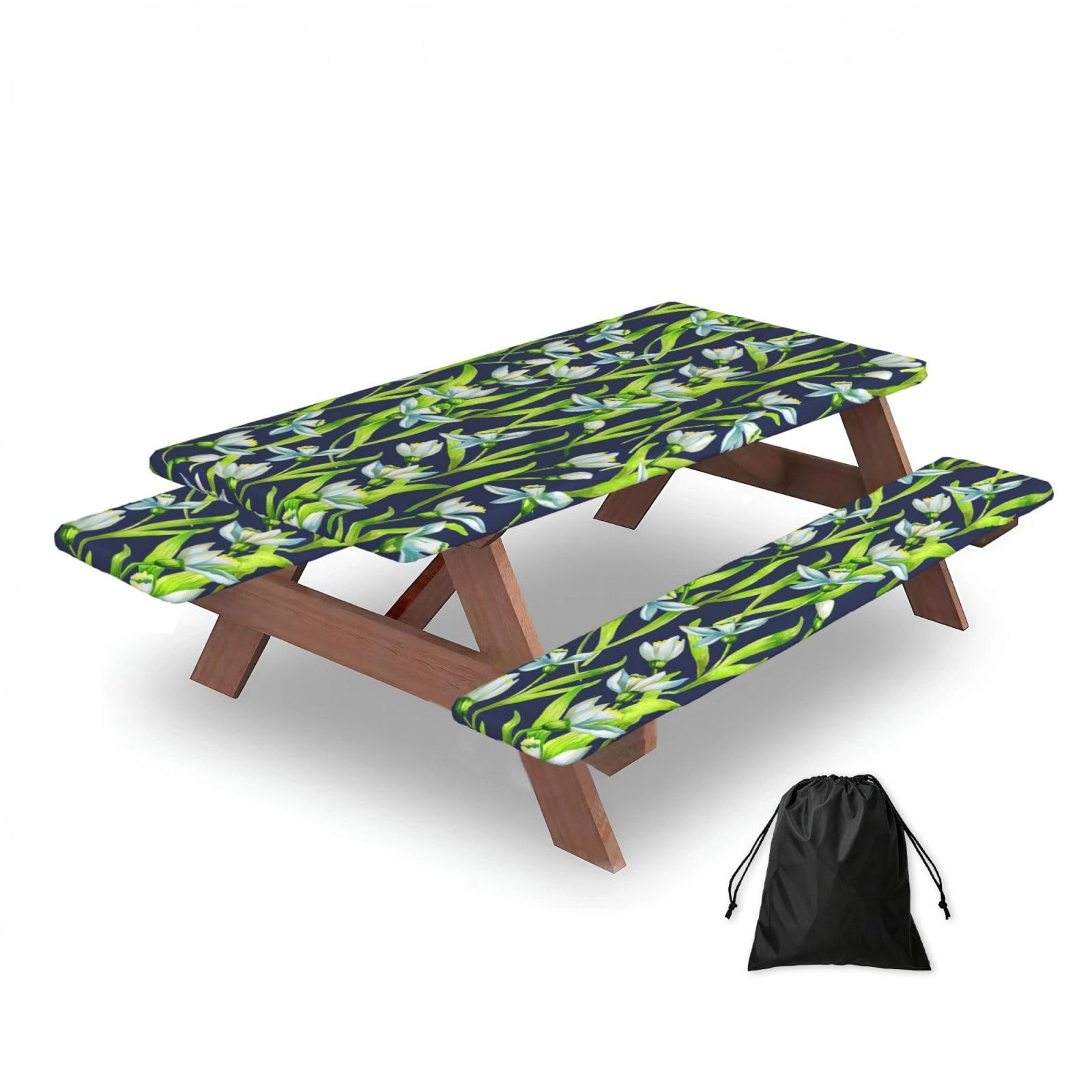 Dopklna As Picture Snowdrop Flowers, Picnic Table Cover With Bench Covers -Waterproof Elastic Fitted Tablecloth For Garden Camping Patio 76X152cm