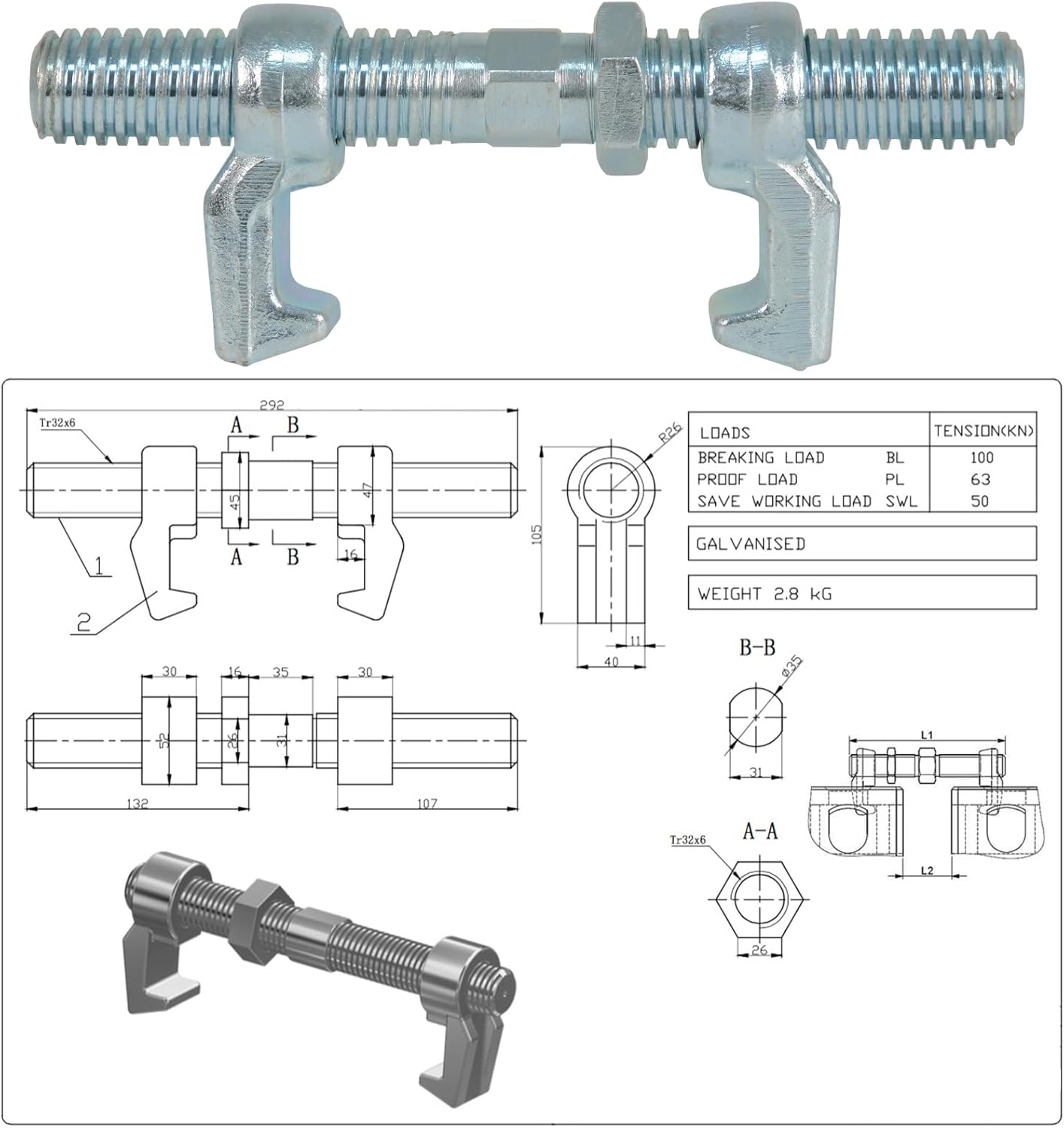 2 Pack Shipping Container Bridge Fittings Clamp - 260 mm/280 mm, Galvanized Screw Clamp for Connecting 20/40FT Containers (280MM)