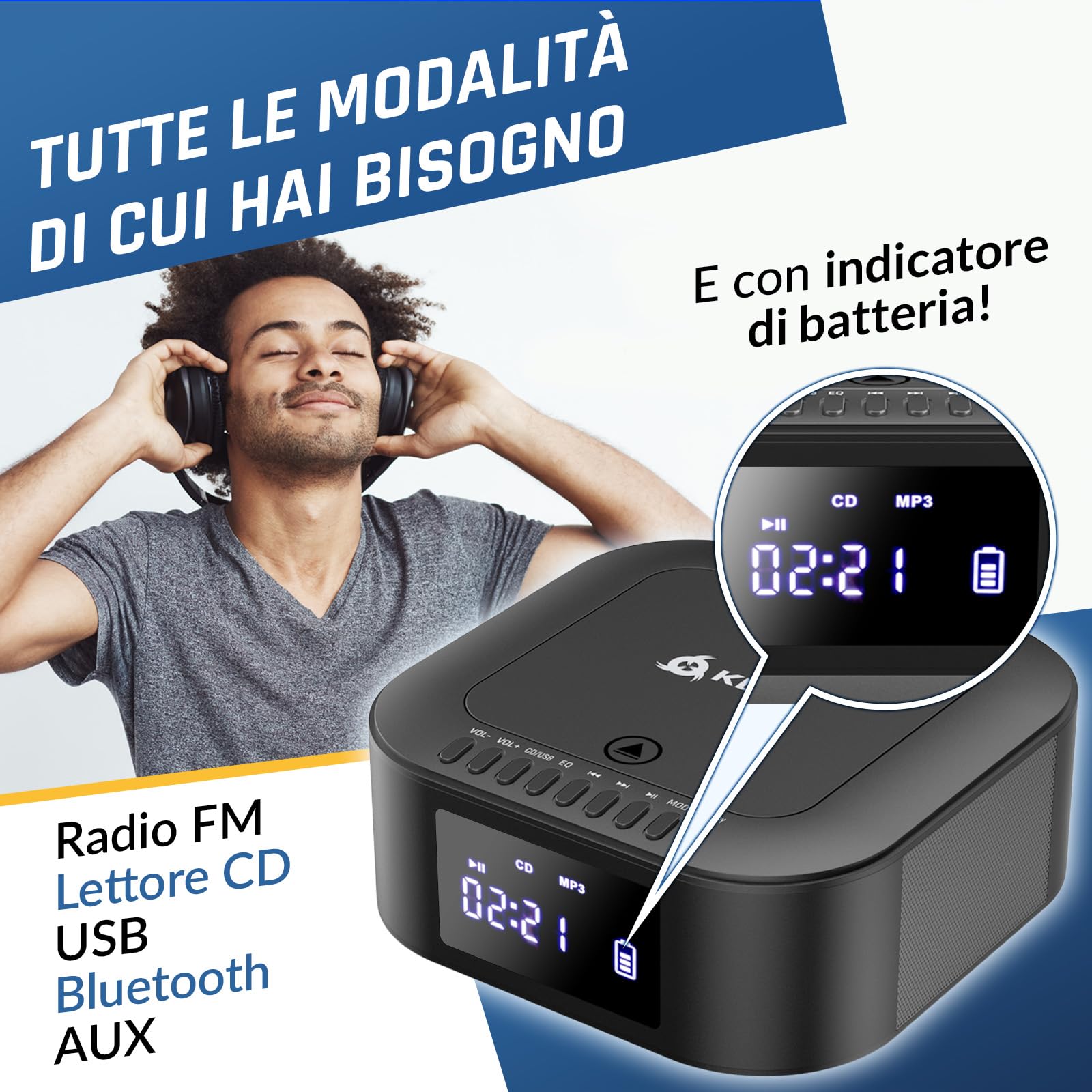 KLIM Lettore CD Stereo Boombox E1 - BASS Boost con Subwoofer - FM Radio con Lettore CD e USB, Bluetooth, AUX - Stereo casa - Filo o Wireless - Batteria ricaricabile, Telecomando