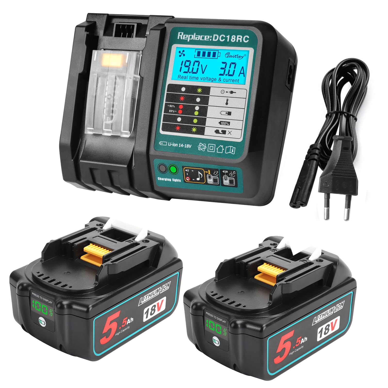 Powarobor 2 sztuki BL1850B 18 V 5,5 Ah akumulator litowo-jonowy z ładowarką DC18RC zestaw startowy, kompatybilny z akumulatorami Makita 18 V BL1860 BL1830 DC18RA DC18SD LXT-400 narzędzia elektryczne