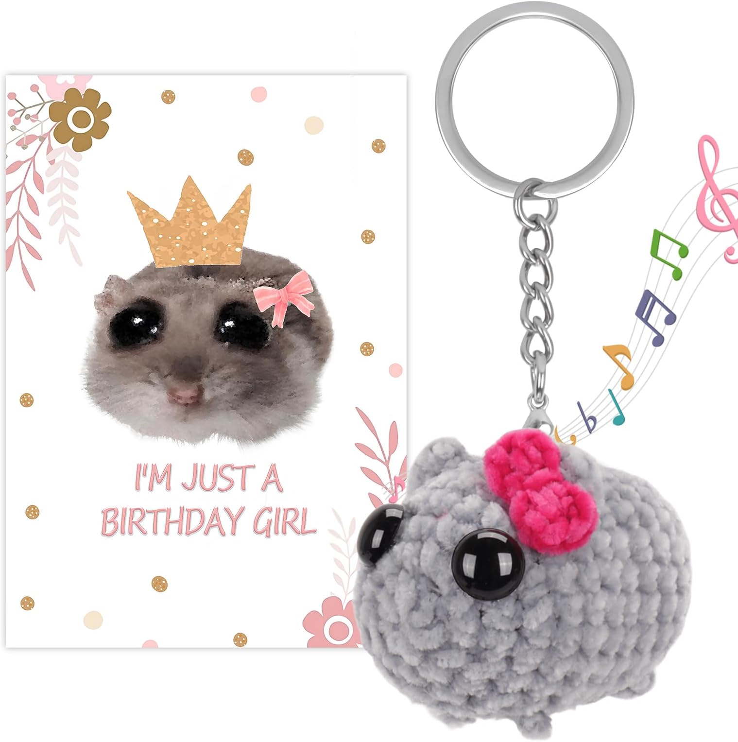 Tiktok Sad Hamster Meme Bow Keychain with Sound Adorable Hand-Knitted Sad Hamster Plush with Gift Card for Women Girls Birthday