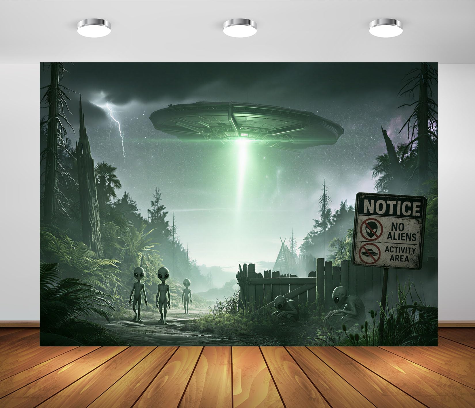 10x10FT Stoff UFO Landung Kiefernwald Hinweisschild Hintergrund
