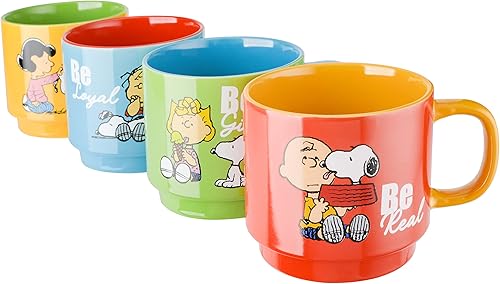 Miniatura 7 de Peanuts Snoopy Gentle Reminders - Tazas apilables de 15 onzas con estante de metal, cerámica, paquete de 4, varios colores