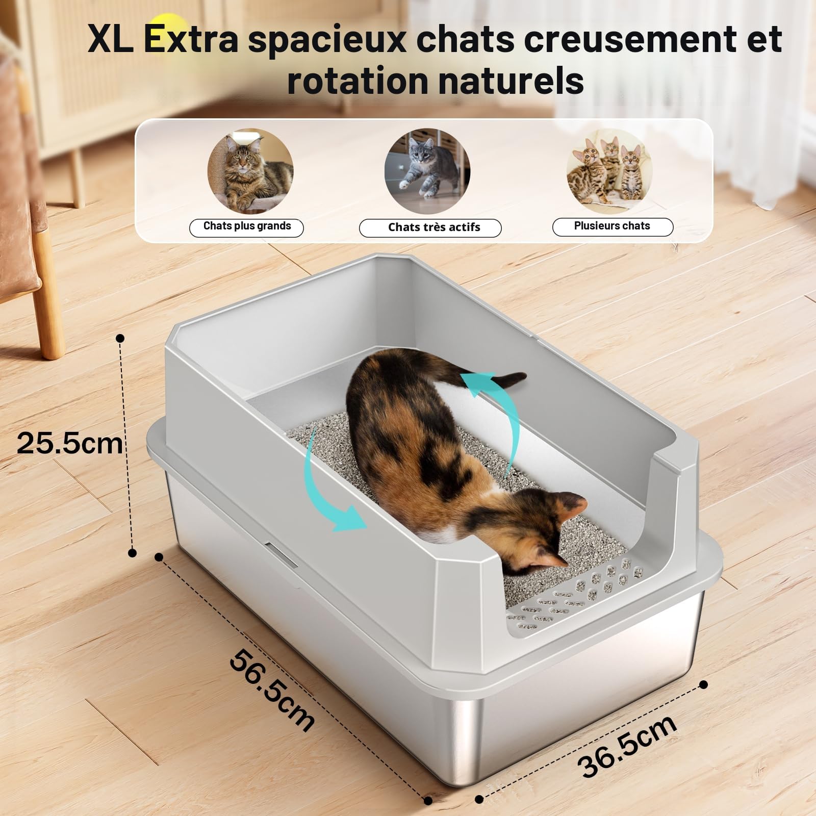 MIXJOY Bac à Litière Chat en INOX XL, Bac Litiere pour Chat 28L Grande Capacité Anti-Fuite à Bords Hauts, Design Ouvert Facile à Nettoyer avec Pelle Incluse, 56.5x36.5x25.5cm