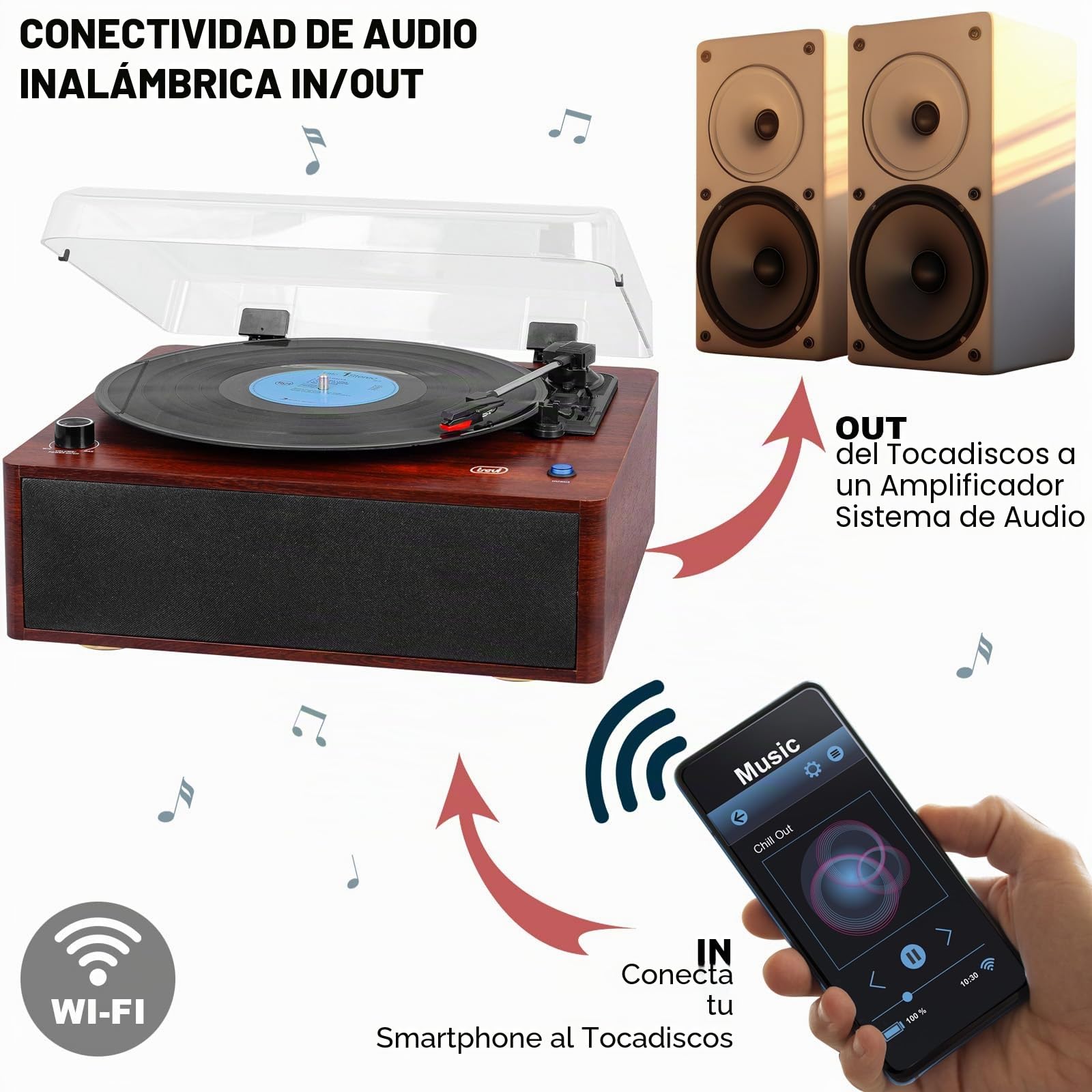 Trevi TT 1030 BT Tocadiscos con Mueble de Madera, conexión Audio inalámbrica Entrada/Salida, Reproductor de vinilos 33/45/78 RPM, Salida RCA, Altavoces incorporados