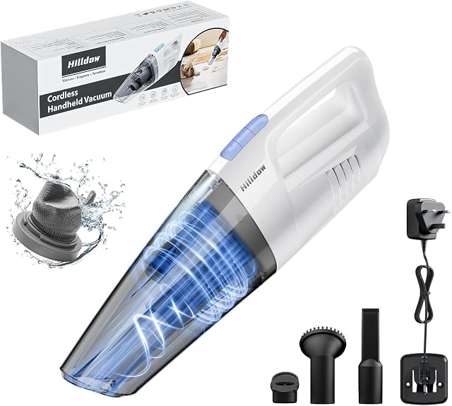 Hilldow Handheld Vacuum Cleaner, 9000 PA hand held vacuuming cordless with 35 Mins Runtime, car vacuum cleaner with washable HEPA, handheld hoover for Car Home Office Desk Upholstery Keyboard Dust