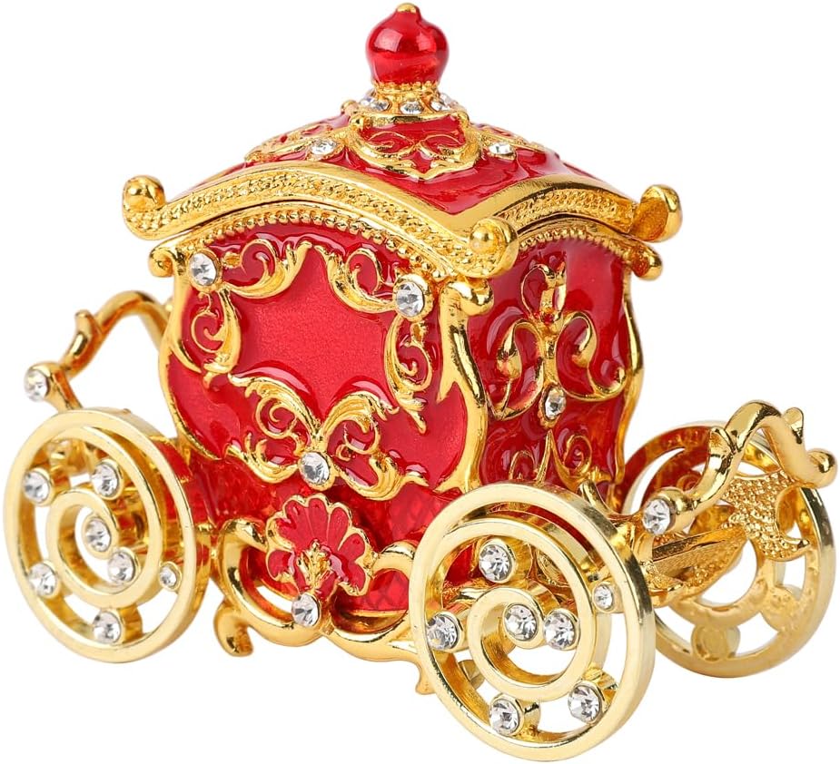 Retro Carriage Jewelry Trinket Box Enamel Ring Hold Boxes Hand-Painted Vintage Ornaments Craft Gift for Women Girls (Red)