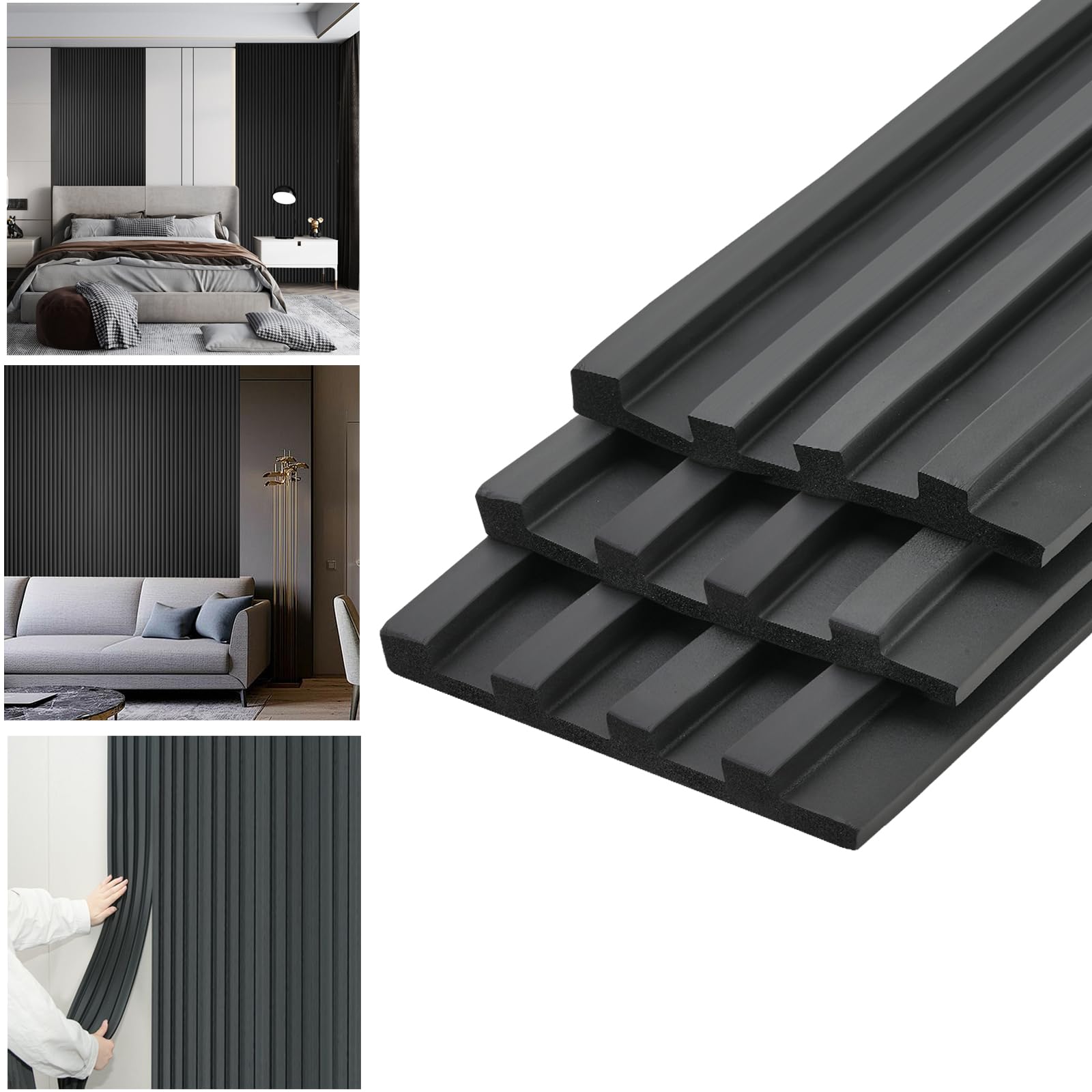 3D Slat Fllexible Wall Panel，5.9in* 9.84ft Peel and Stick Wall Molding Trim,Self-Adhesive NBR Waterproof Fluted Panel for Interior Wall Decor, Black