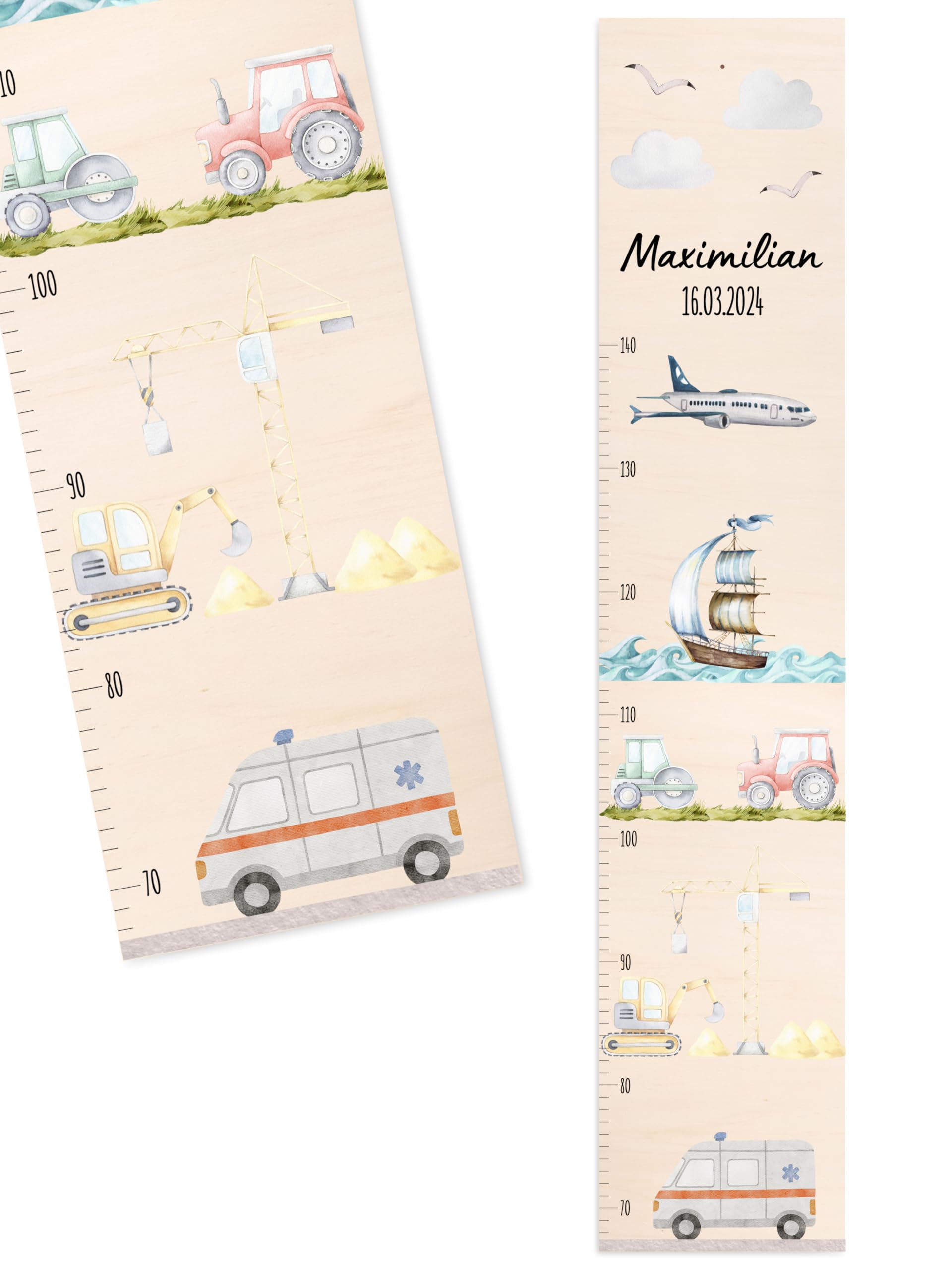 Bärenfreunde® - Personalisierte Messlatte Kind Holz zum Kleben oder Aufhängen - Skala 70-140cm - Süße Dekoration für Baby- & Kleinkinderzimmer (Kinder 70-140cm, Fahrzeuge)