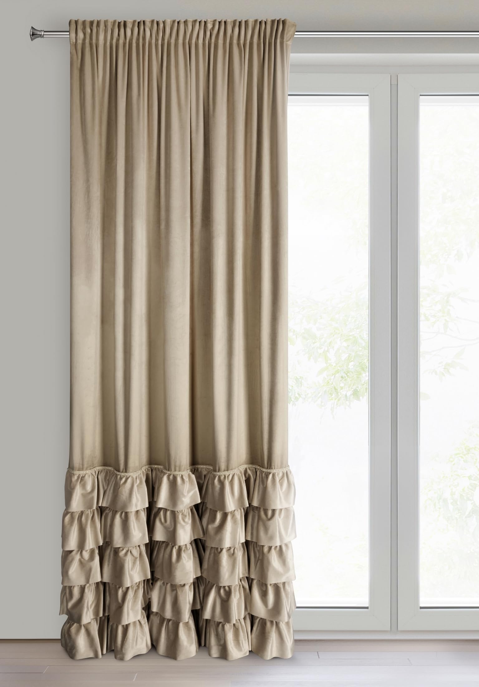 Eurofirany Carli Velvet Curtain with Ruffle Tape, 1 Piece, Opaque Blackout Curtain for Living Room Bedroom, 140 x 250 cm, Dark Beige