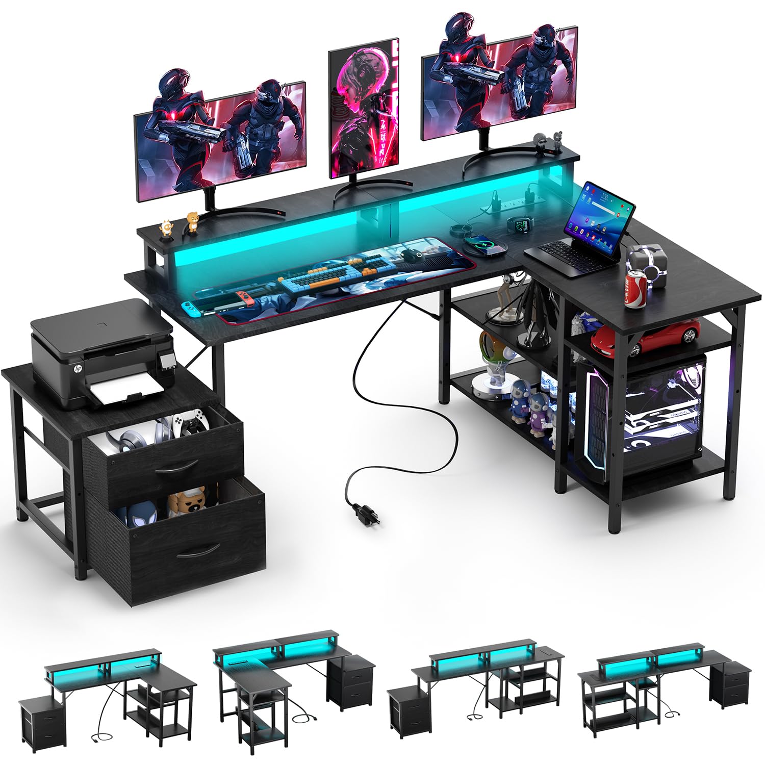 YOUNGAR L Shape Gaming Desk with File Drawers&Power Outlet, 69.3 Inch Reversible 2 Person Desk,Corner L Shape or Long Desk Set up,Monitor Stand &