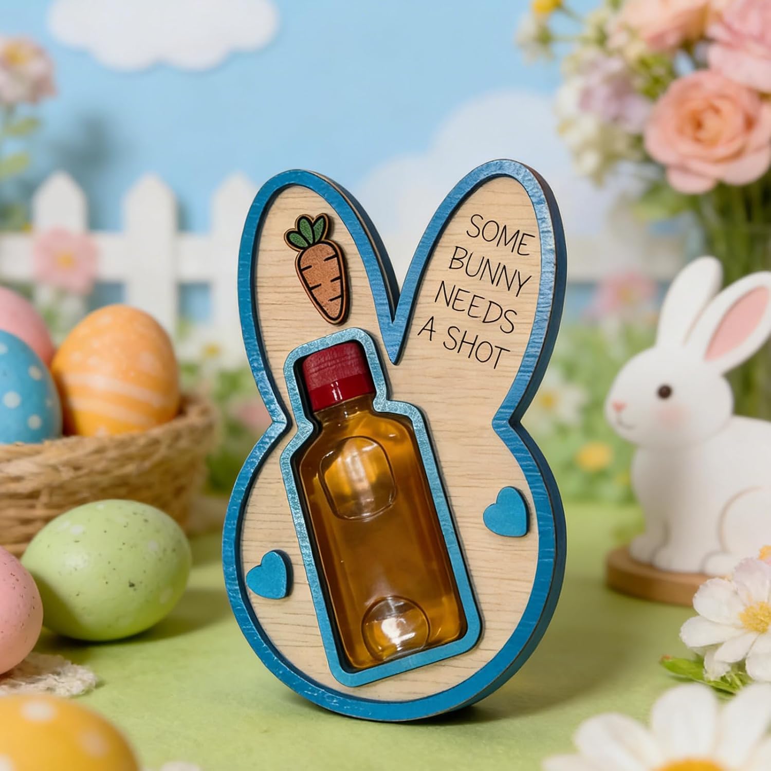 Some Bunny Needs a Shot! – Easter Bunny Liquor Bottle Holder, Bunny Wine Whiskey Bottle Display, Wooden Ornaments for Easter, Housewarming, Party (C)