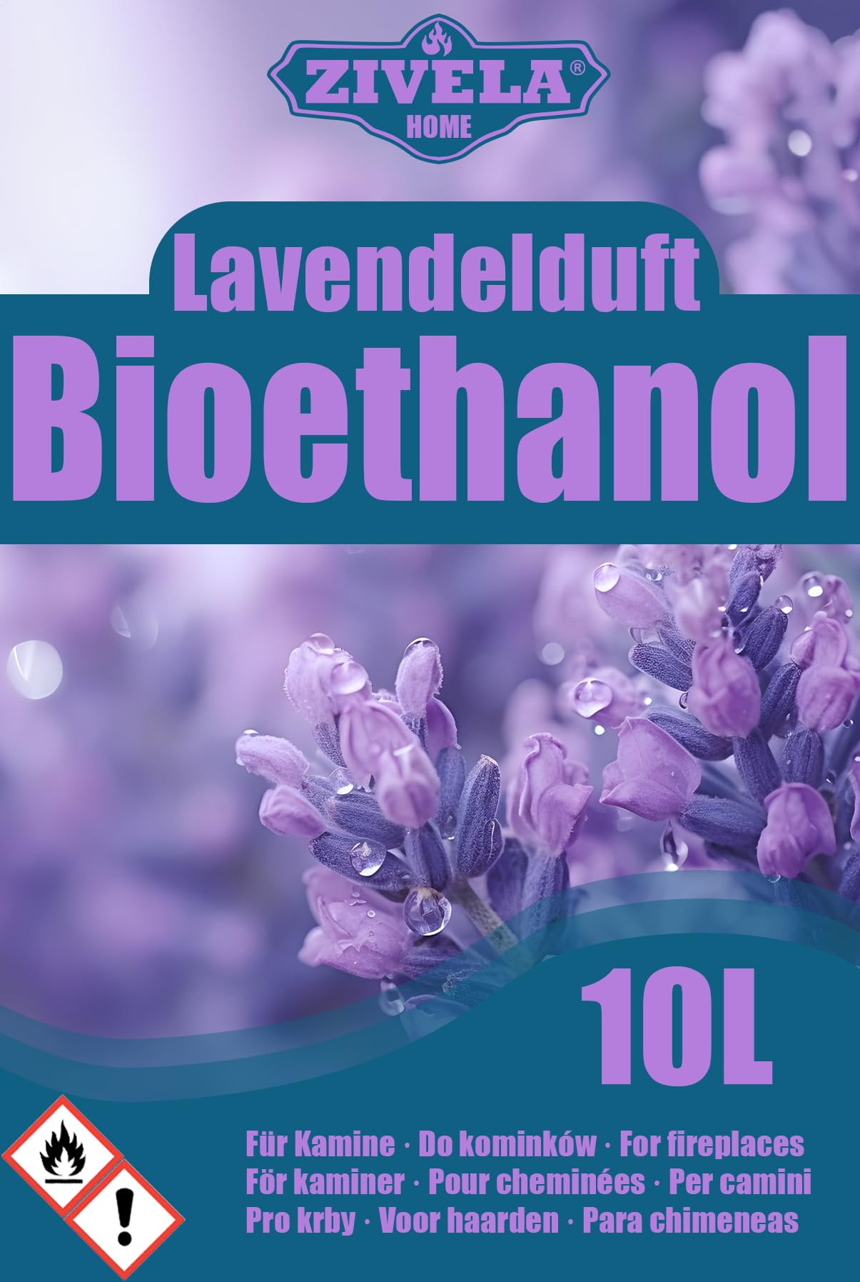 Bioetanolo 96,6% 10 l, profumo di lavanda di alcool biologico 96,6% 10 l, bioetanolo per camino, caminetto, camino a bioetanolo, profumo di lavanda, combustione pulita, senza fumo, fiamma vivida e