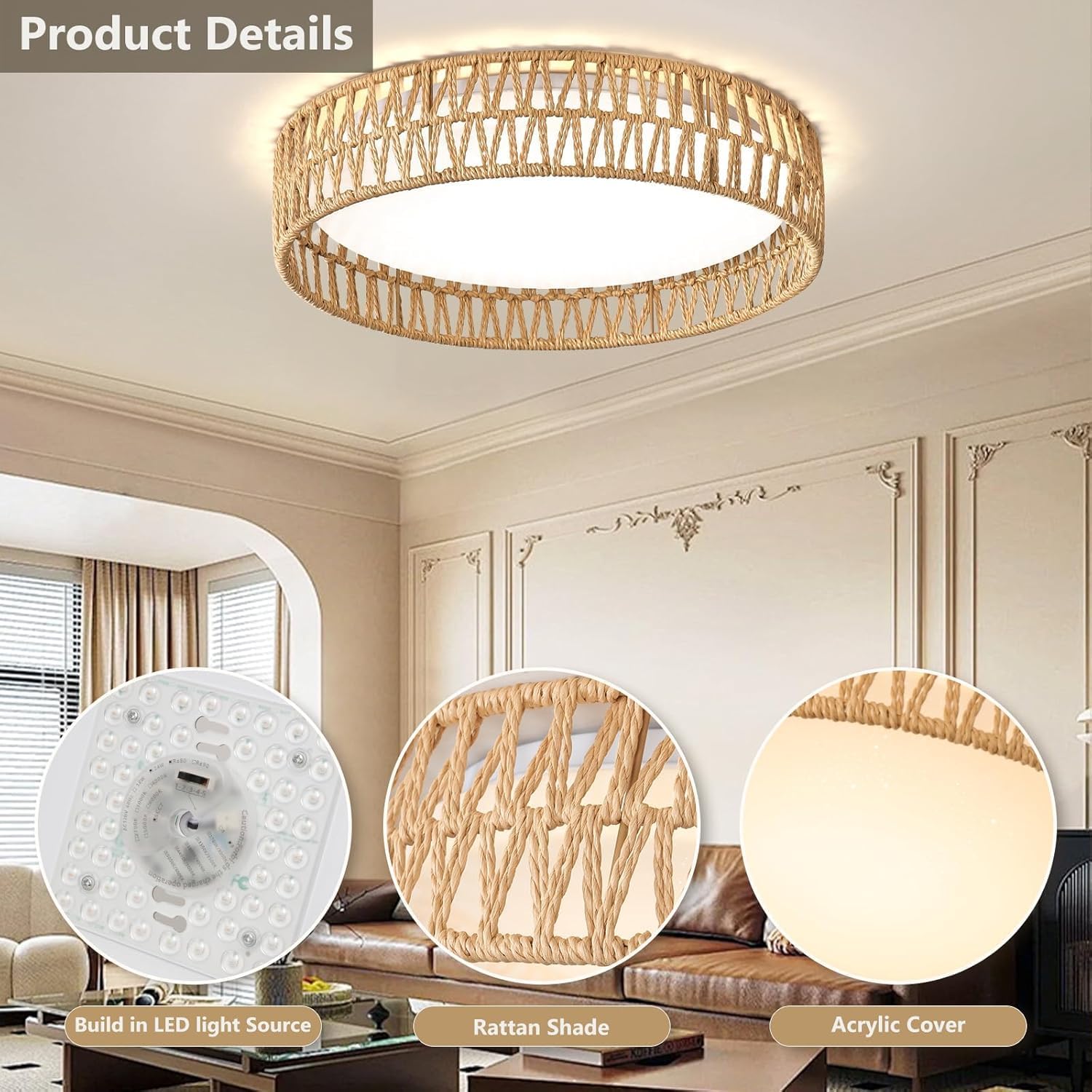LED Rattan Flush Mount Ceiling Light Fixture, Boho Light Fixtures Ceiling 16.9 inch, 24W Dimmable Rattan Ceiling Light 5CCT 3000K-6000K for Hallway Bedroom Kitchen Entryway Living Room