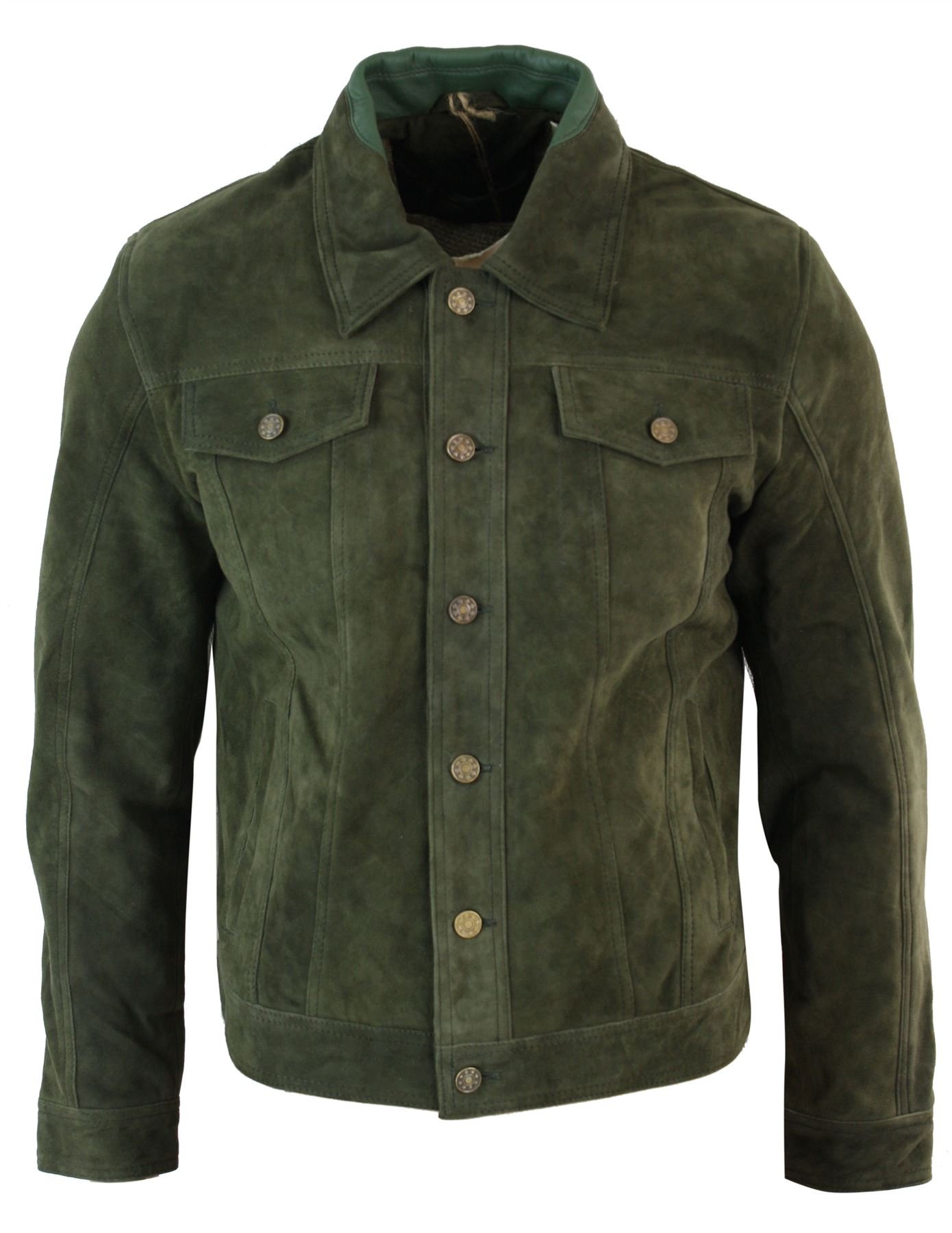 Infinity Leather Men's Olive Vintage Short Denim Style Retro Real Suede Leather Jean Jacket Casual Wine Green