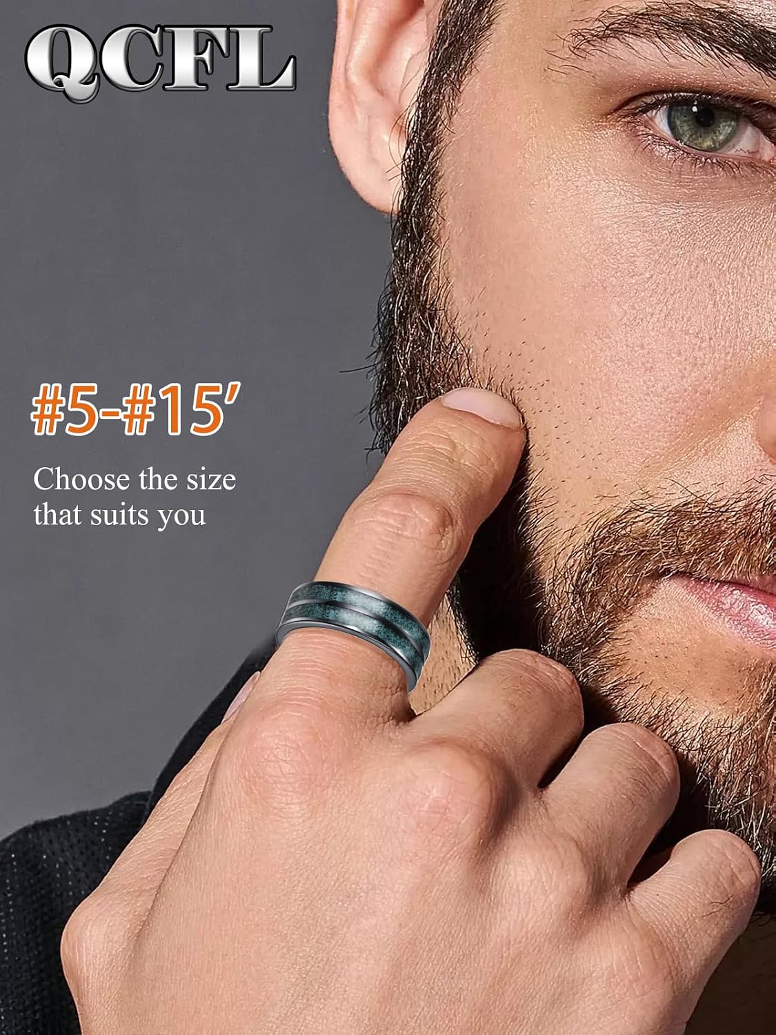 Black Rings for Men, Wedding Bands with Turquoise Wood, 925 Sterling Silver Engagement Promise Ring, High Polished, Comfort Fit Size 5-15