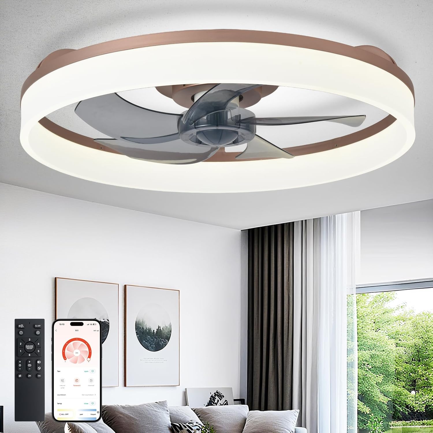 DLLT LED Ceiling Fan with Light: 20" Modern Low Profile Flush Mount Fandelier with App & Remote Control - Dimmable Brown Bladeless Fan Light Fixture for Bedroom Kids Room Living Room Brown 20 Inch