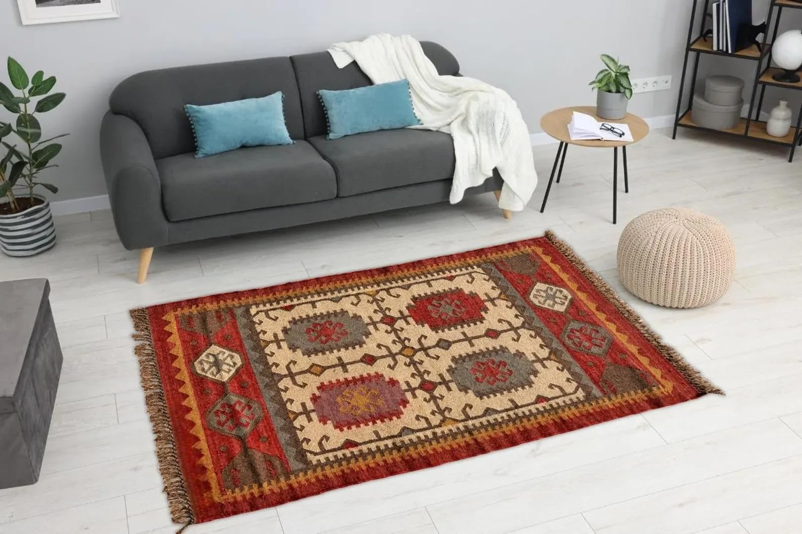 Ręcznie tkany dywan z juty w stylu boho, prostokątny, rustykalny wygląd, do salonu, sypialni, kuchni (VP217WJ) 60 x 90 cm