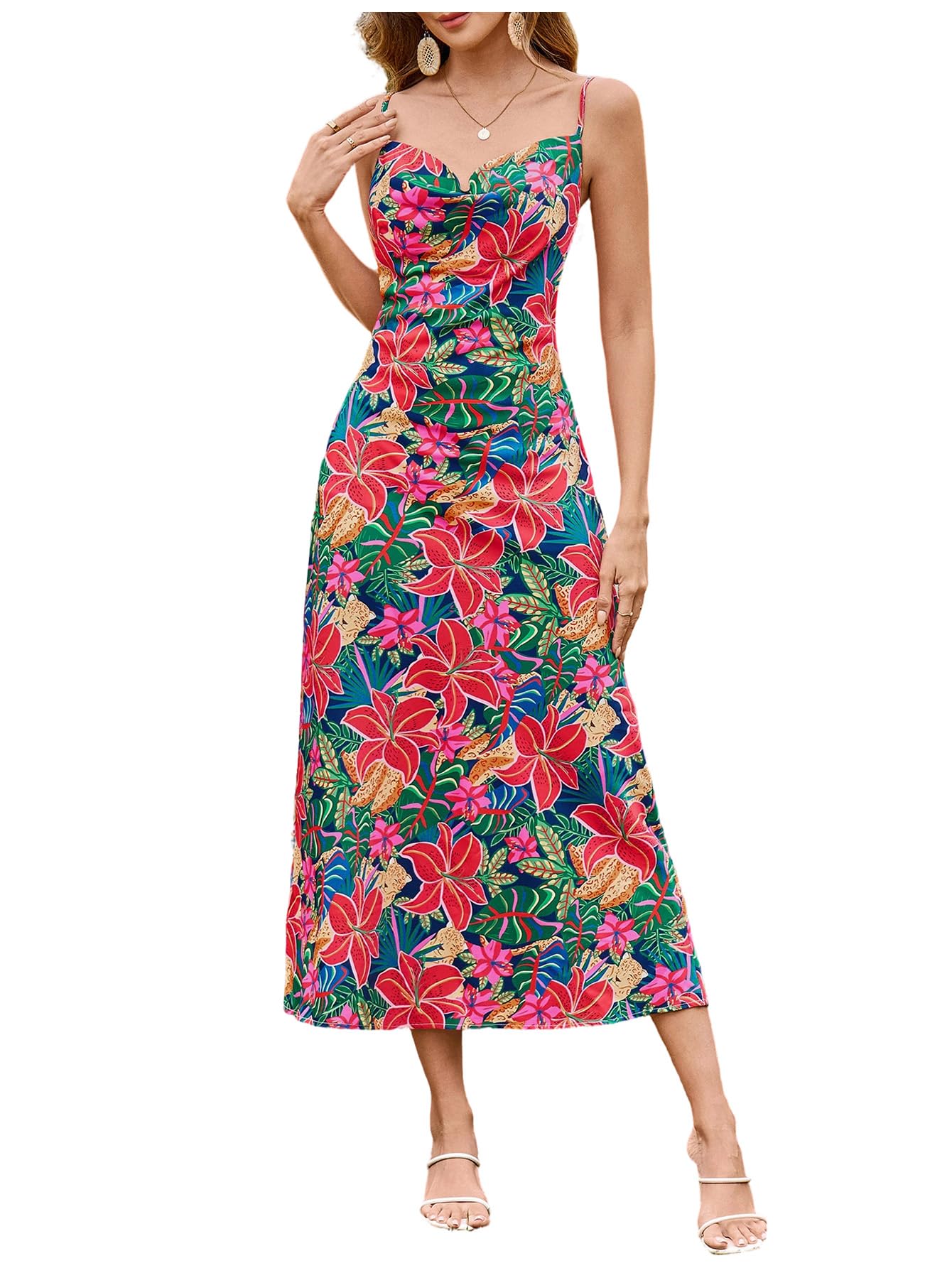 Women's Leopard Print Draped Collar Spaghetti Strap Cami Long Dress