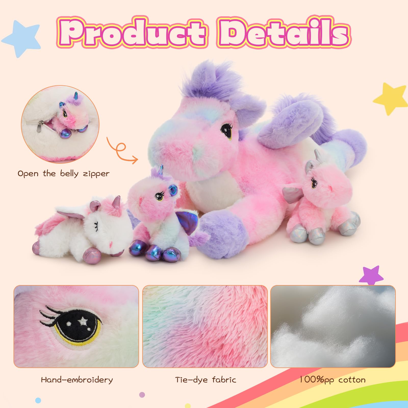 MorisMos Unicornio Peluches Gigante, 50cm Mamá con 3 Kawaii Bebés, Realistas Suave Juguete de Peluche Grande Regalos para Niñas, Niños, Cumpleaños Navidad — view 3