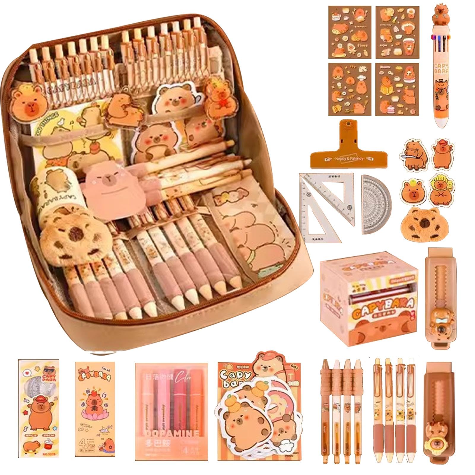 Generic Capybara Stationery Set | Capybara Pencil Case with Eraser, Ballpoint Pens, Sticker, Keychain and More | Cute Pencil Case | Wide Opening Pencil Organizer for Students
