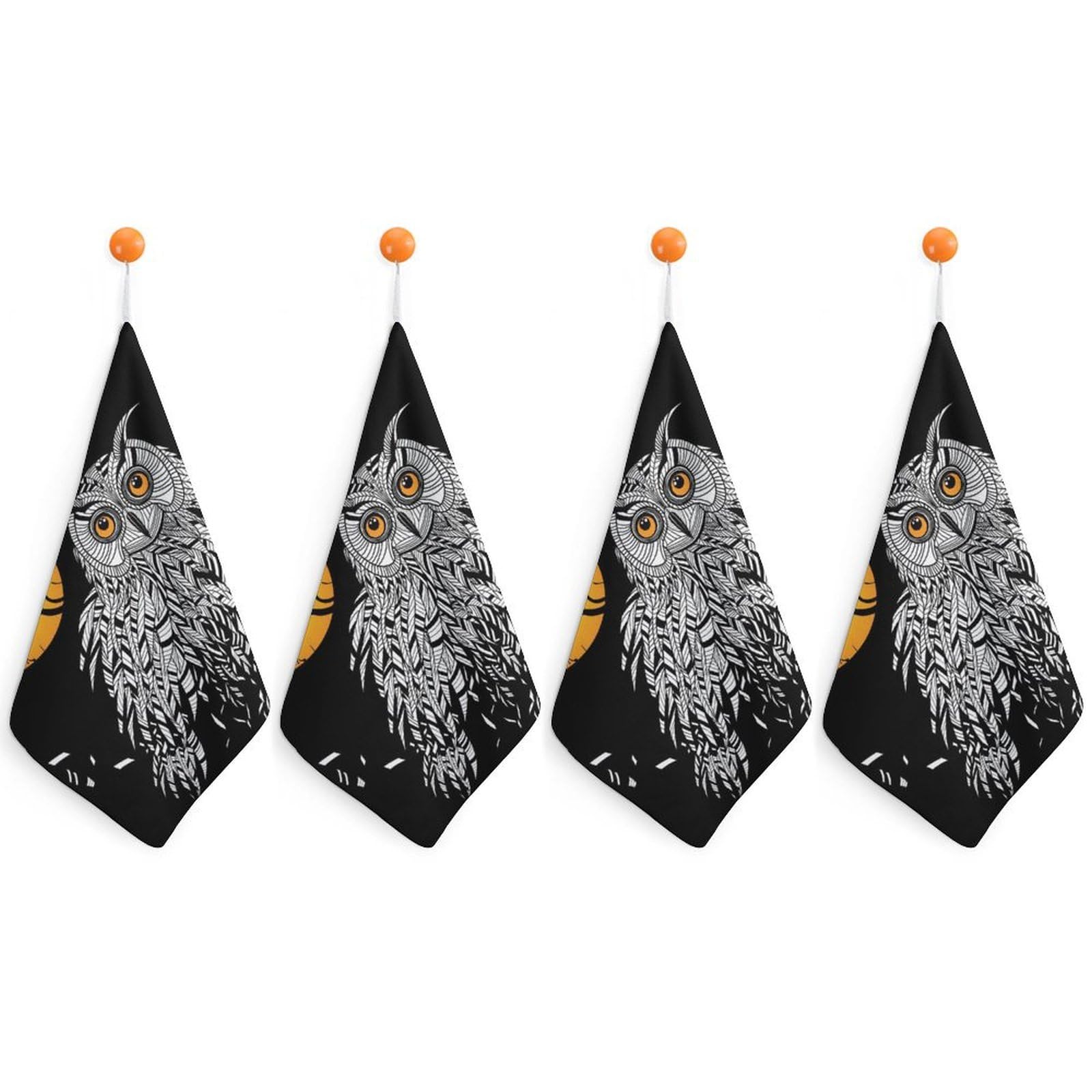 LEDFCVSU 4 Piece Hanging Hand Towels, Black Owl Small Dry Hand Towel for Kitchen Bathroom