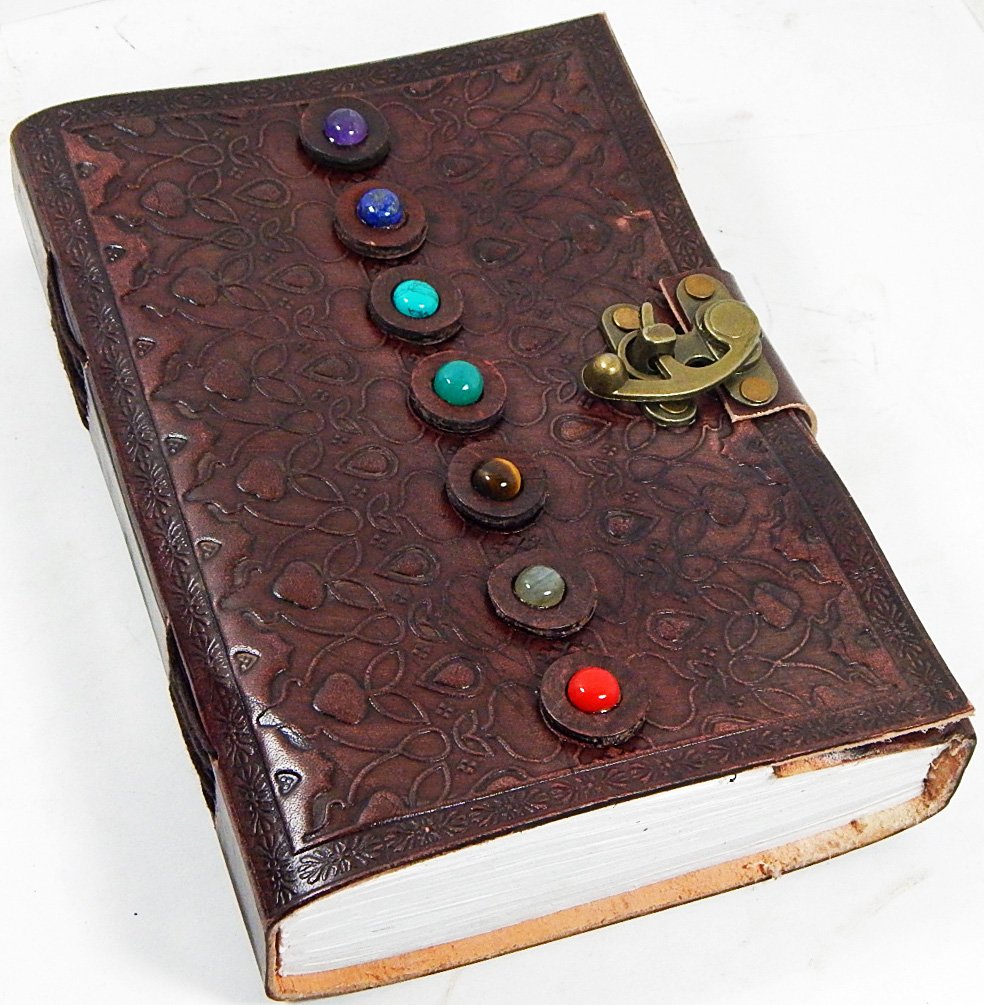 6 X 9 Embossed Tri-fold Leather Journal with 7 Stones and Handmade Paper