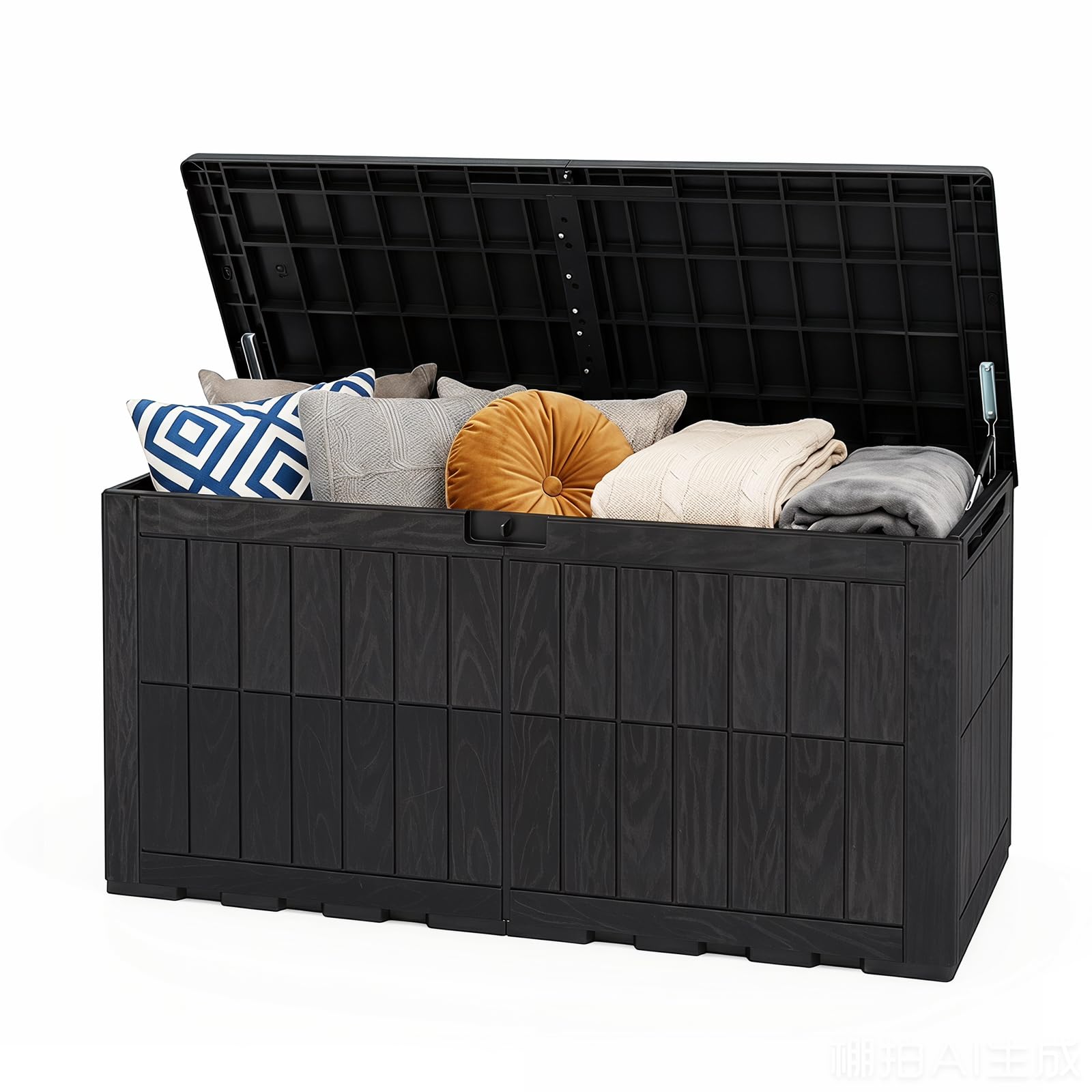 GYMAX 455 L wetterfeste Auflagenbox, abschließbare Aufbewahrungsbox mit Deckel, Gasdruckfedern & Griffen, 2-in-1 Terrassenbank und Kissenbox für Kissen, Gartenwerkzeug & Poolzubehör
