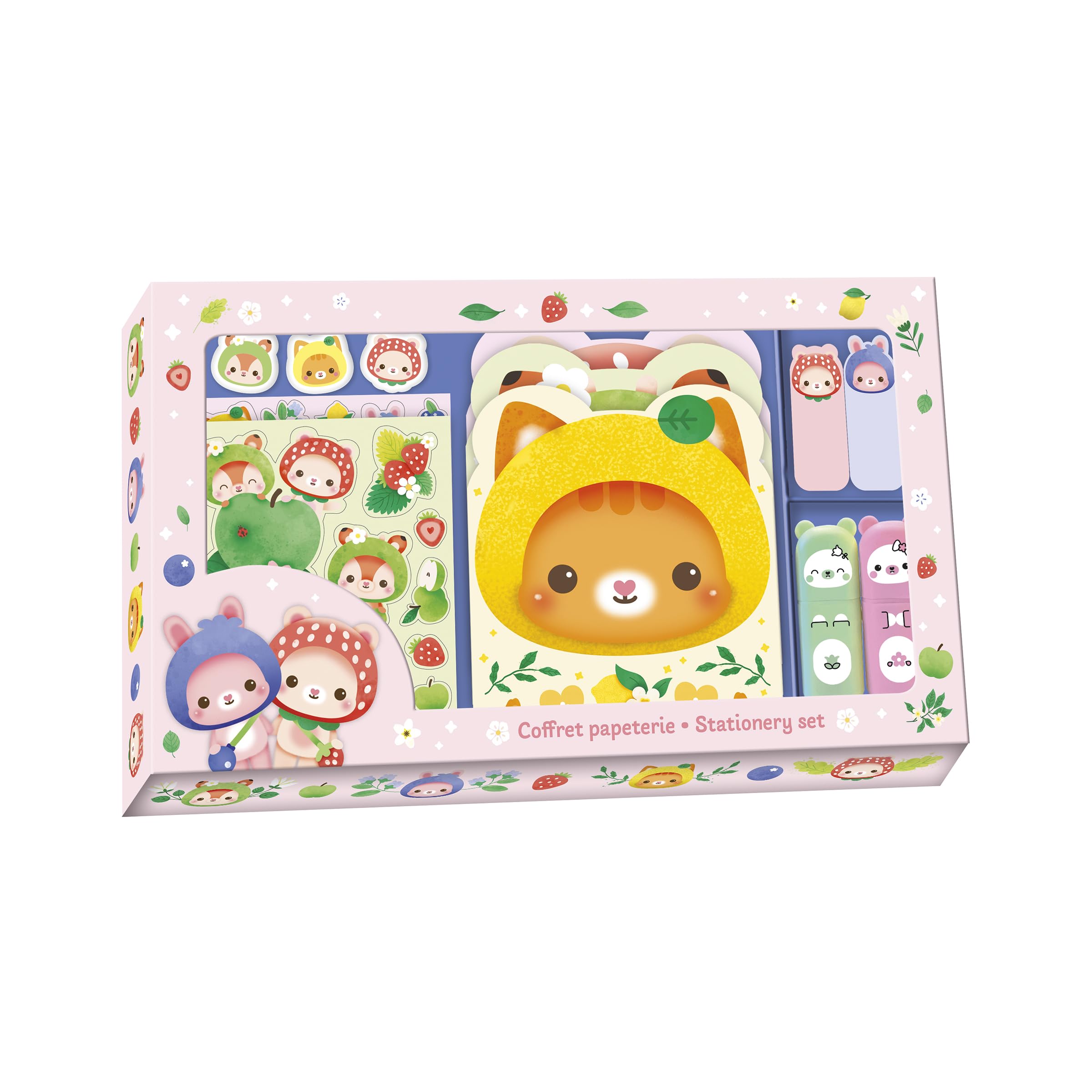 Janod - Complete Stationery Set - 3 Notebooks, Sticky Notes, Erasers, Stickers and Pastel Highlighters - Creative Birthday Gift Kit For ages 6 and up