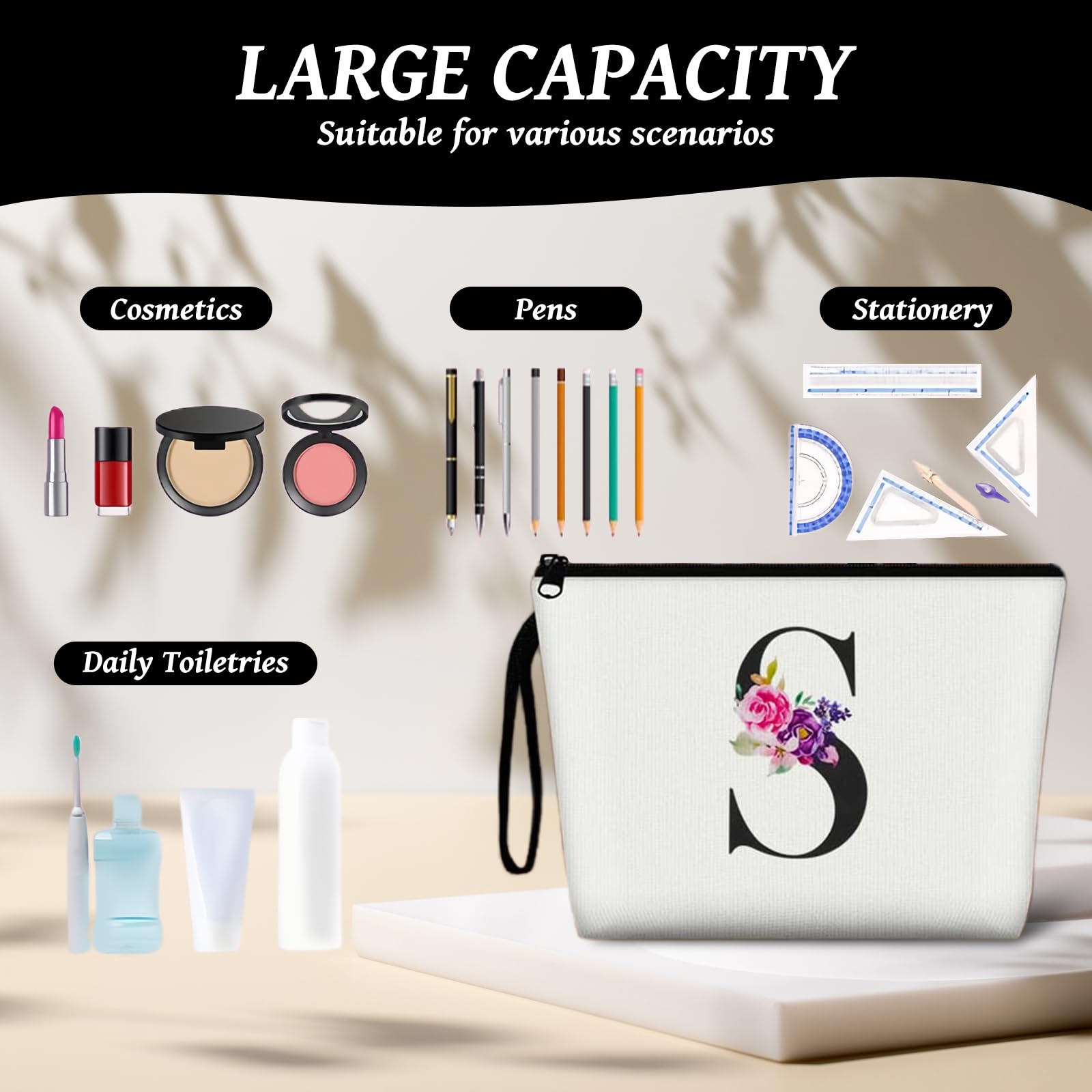 Aucuu Neceser Maquillaje Mujer, Neceser Mujer Personalizado, Bolsa de Cosméticos de Lona de Letras Impresas, Neceser de Viaje Portátil para Viajes, Almacenamiento (Letra S)