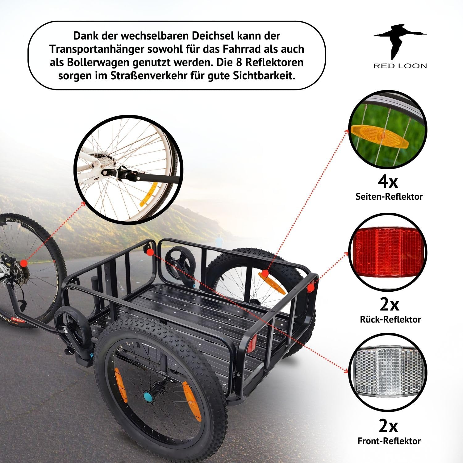 Rimorchio per bicicletta 2 in 1 – Red Loon in alluminio BAC502 – 100 litri – pneumatici extra larghi da 20" – max. 60 kg – Rimorchio per biciclette da 26 – 28" – Carrello a mano