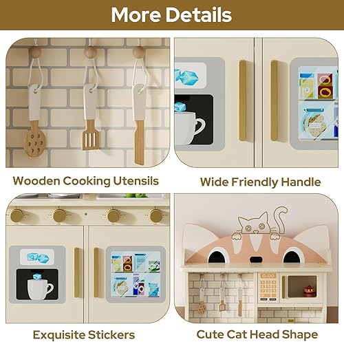 Miniatura 5 de Cocina de madera para bebés de 3 a 8 años, juego de cocina con diseño de gato con microondas, estufa, fregadero, perillas de clic, juguete de
