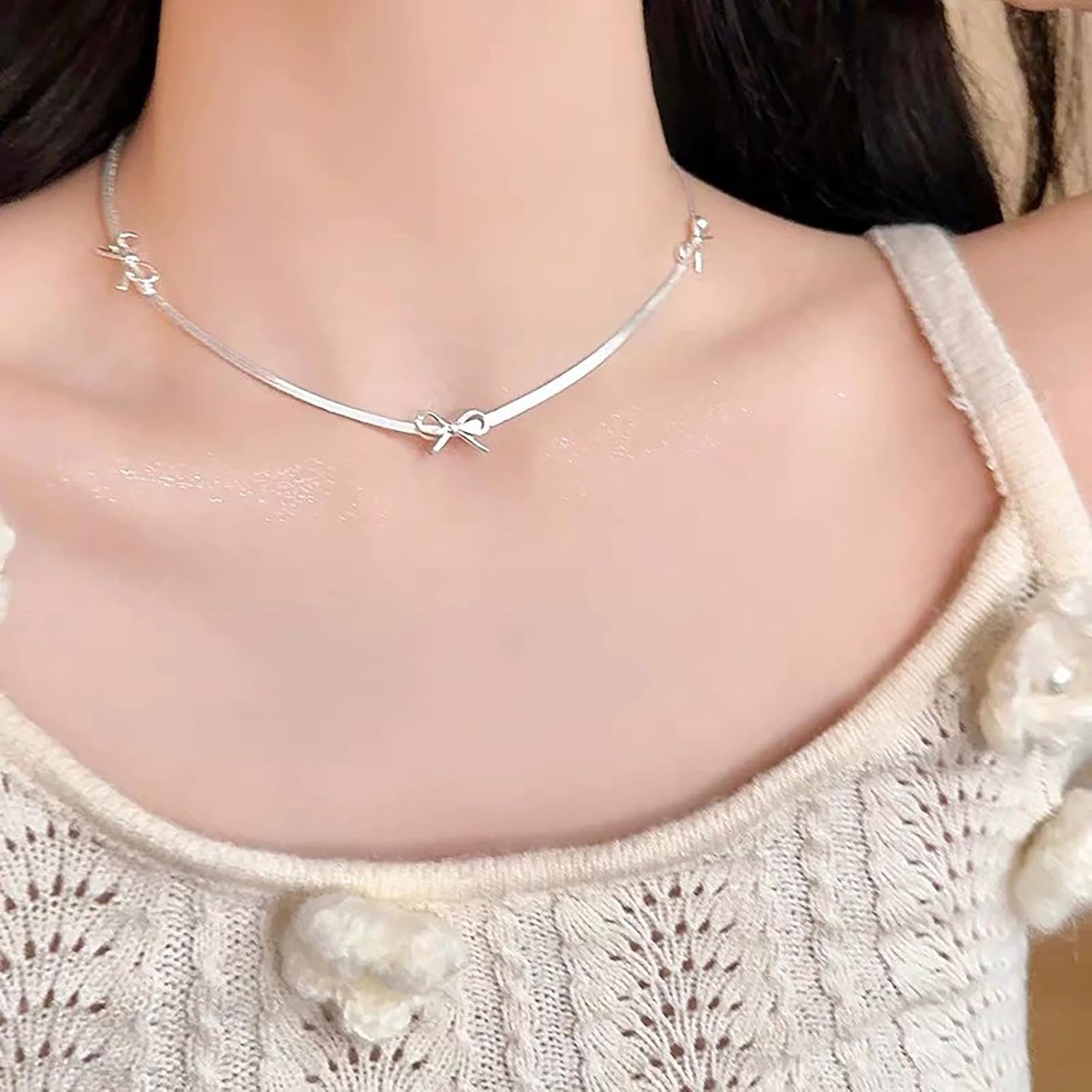 Bohemian Bow Tie Choker Necklace Silver Bow Snake Chain Necklaces Metal Flat Herringbone Chain Necklaces Minimalist Bowknot Snake Bone necklace Jewelry for Women - Image 2