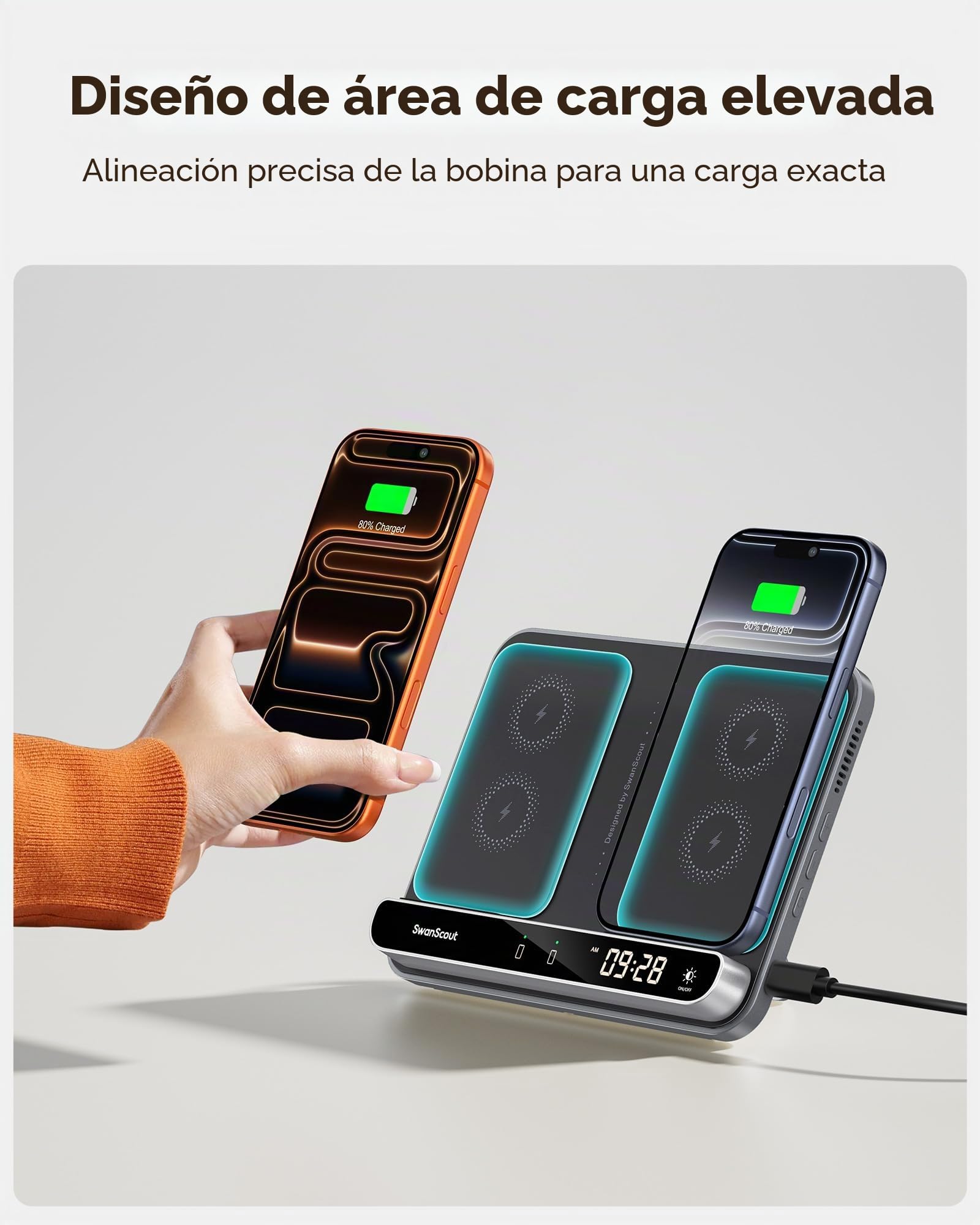 SwanScout Doble Cargador Inalámbrico para iPhone 17/Air/17e/16/15/14/13/12 | Estación de Carga para Apple Watch 11/10/9/8/7/Ultra 3/SE 3 y AirPods 4/Pro 3, Dual Wireless Charger para 2 iPhone, 710A