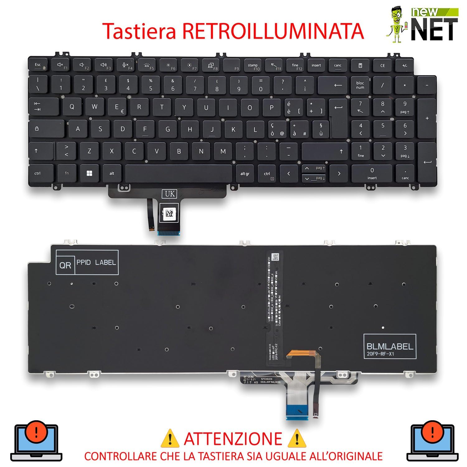 new net - Tastiera Compatibile con dell Latitude 5520, 5521, 5530, 5531, 5540, 3540 [Senza Frame - Colore Tasti Nero - Retroilluminata - Layout ITA]