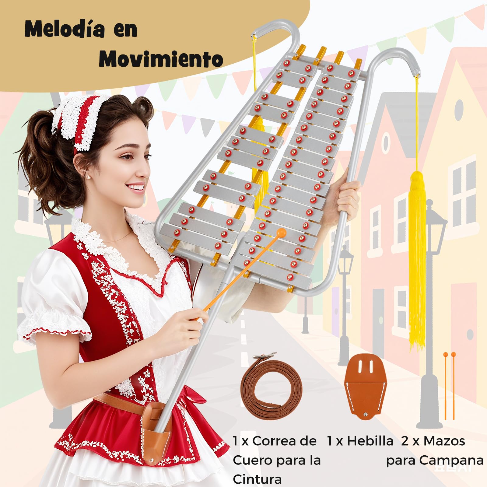 GOPLUS Glockenspiel de Marcha, Lira de Campana de 29 Notas para Banda de Marcha con Teclas de Aluminio, Longitud Ajustable, Correa de Cintura, 2 Mazas, Kit de Instrumento de Percusión para Desfile