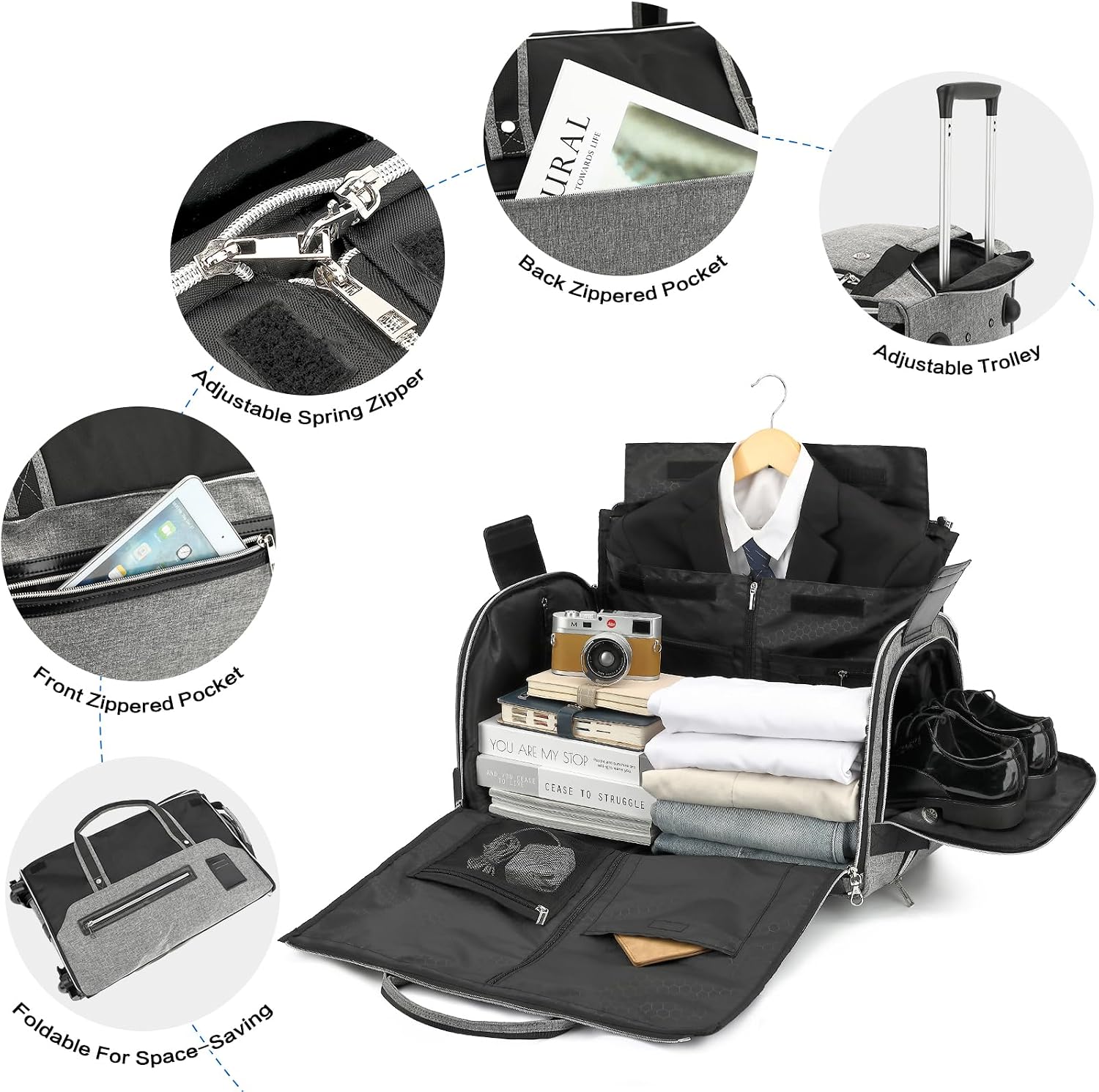 Rolling Garment Bag for Travel, 55L Garment Duffle Bags with Wheels Handle Suit Bag for Men Women Convertible Duffel Luggage with Shoes Compartment & Wet Pocket for Business Wedding, Grey