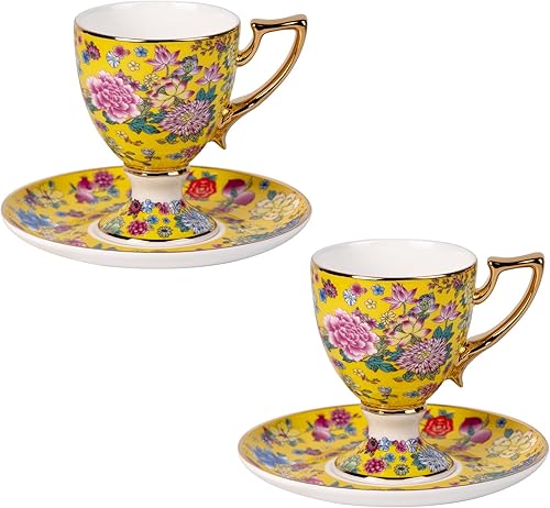 Miniatura 15 de KAMMAK Juego de 2 tazas de té y platillos, taza de café de porcelana con platillo para expreso, capuchino, 7.5 onzas, taza de cerámica floral
