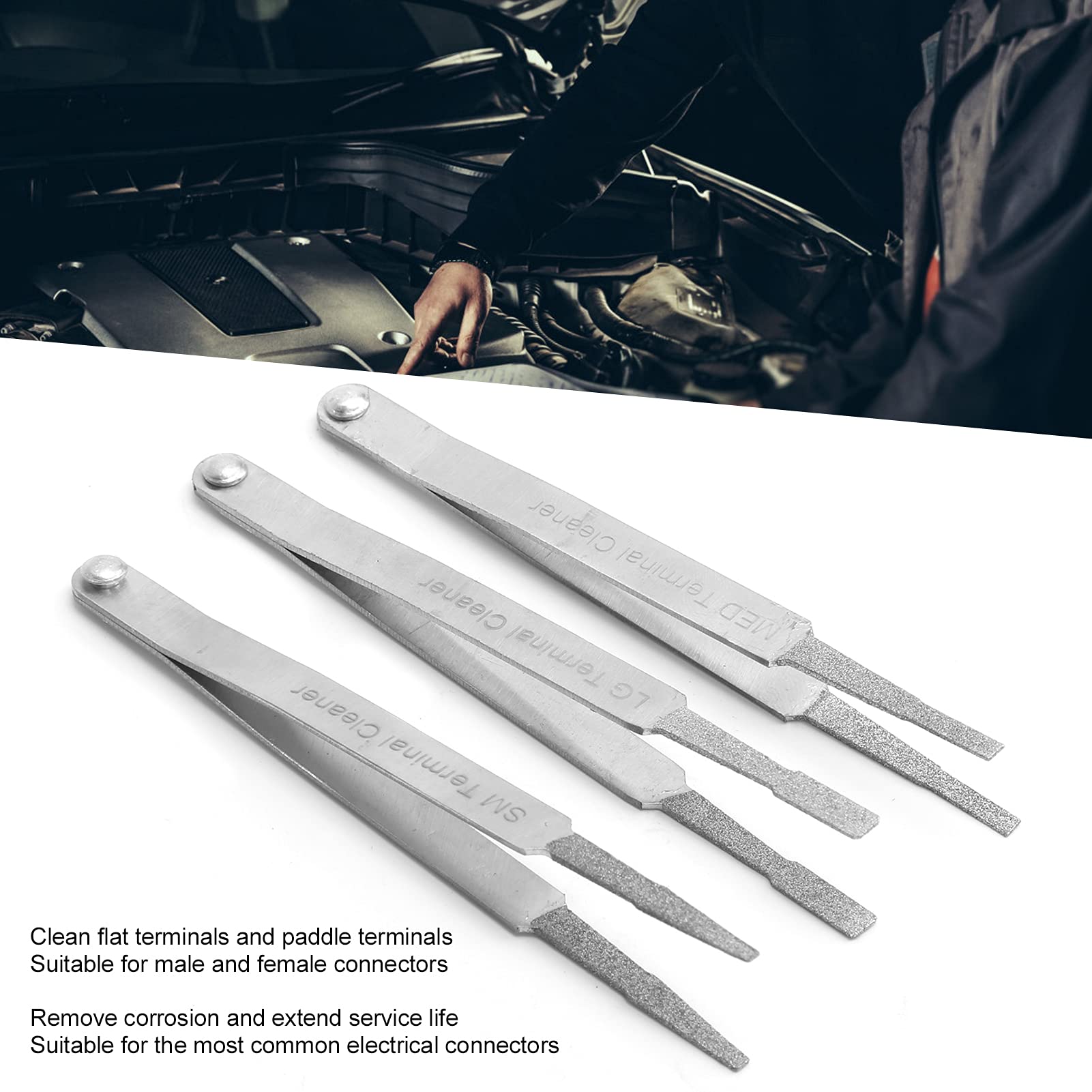 AYNEFY Terminal Cleaner Set, 3PCS Diamond Grip Terminal Cleaner Set, Easy to Use Auto Repairing Hardware Tool, Metal Terminal Wiring Tweezer for Small Electrical Spade Pin Connector