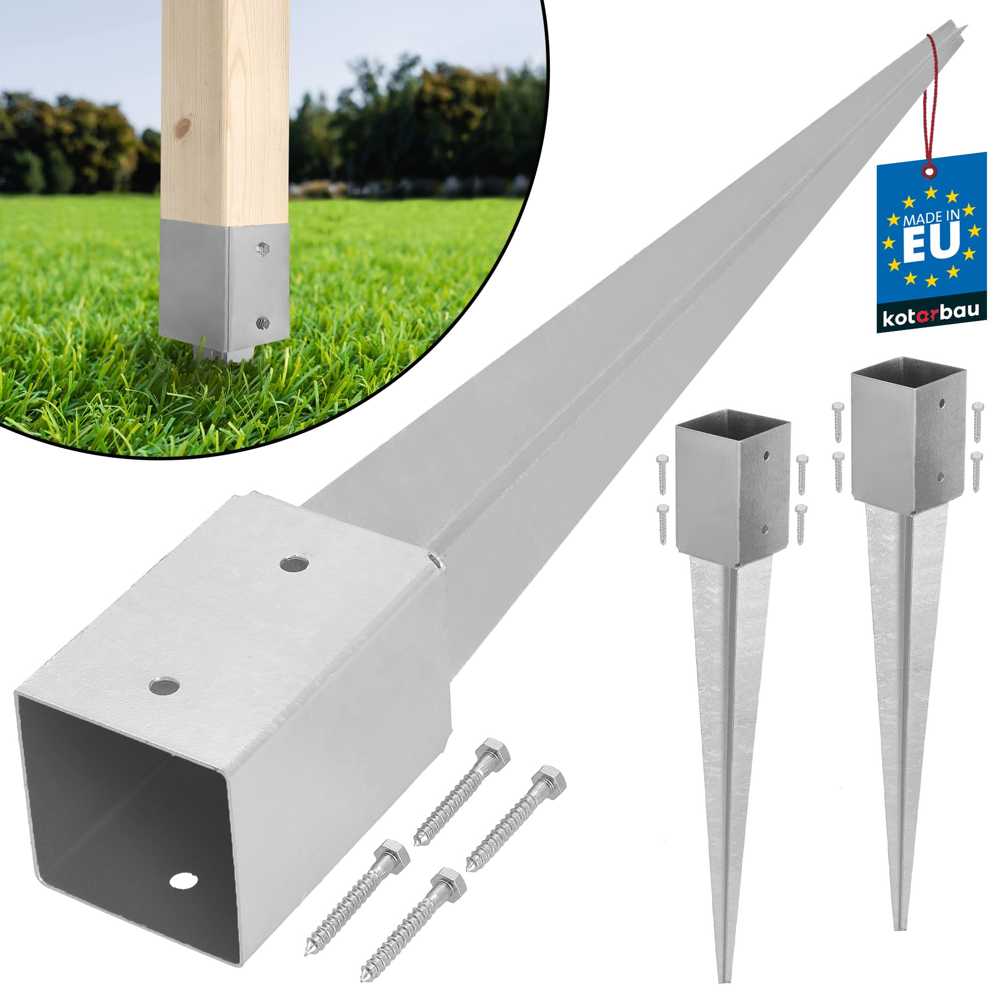 KOTARBAU® 2 pcs Ground Anchor - Post Spike - Galvanised Steel - 75 cm (29.5 inches) - Silver - Ground Anchors Heavy Duty - 91x91 mm (3.6x3.6 inches) - Post Brackets - Weather Resistant