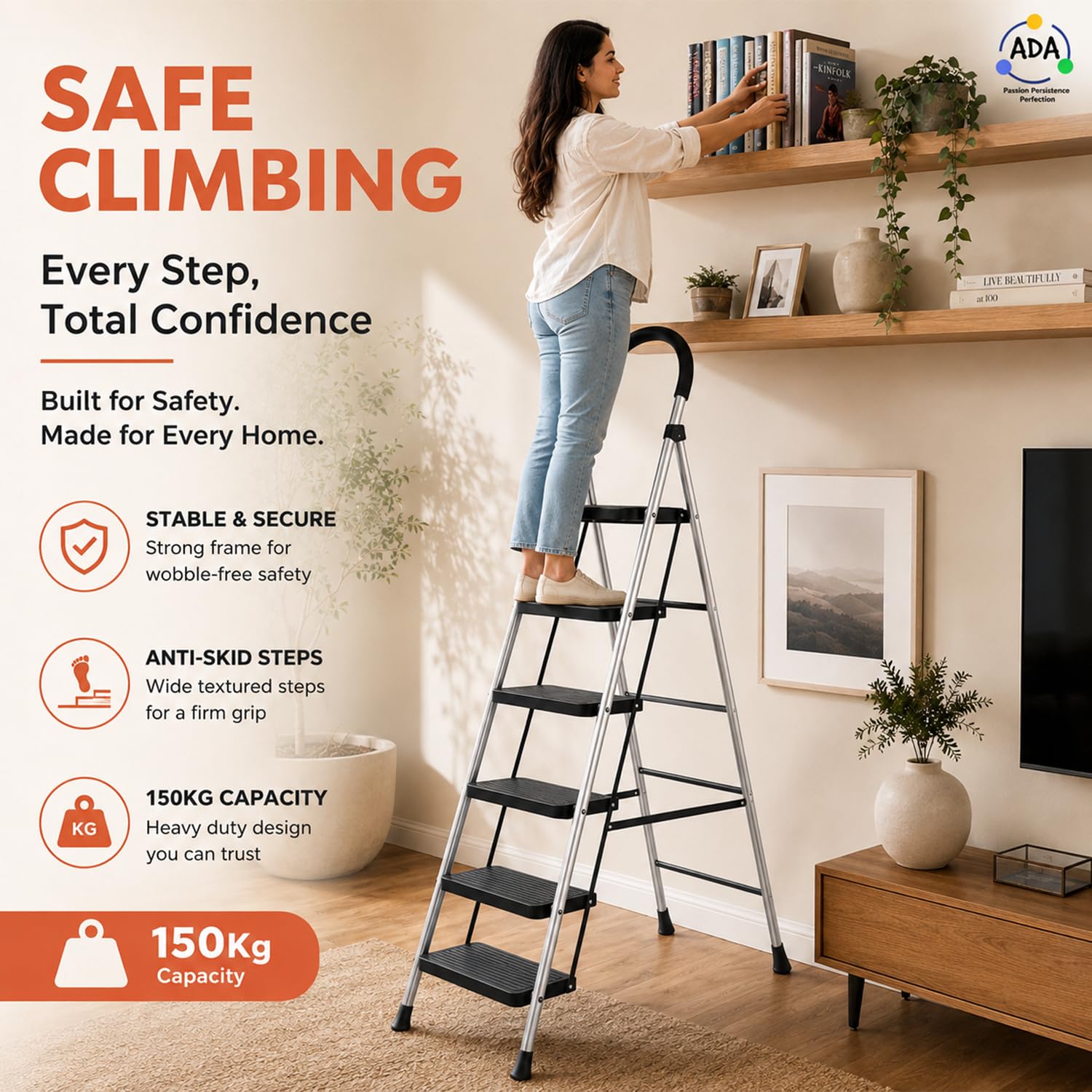 ADA Premium 6 Step Ladder - Heavy Duty & Foldable -2